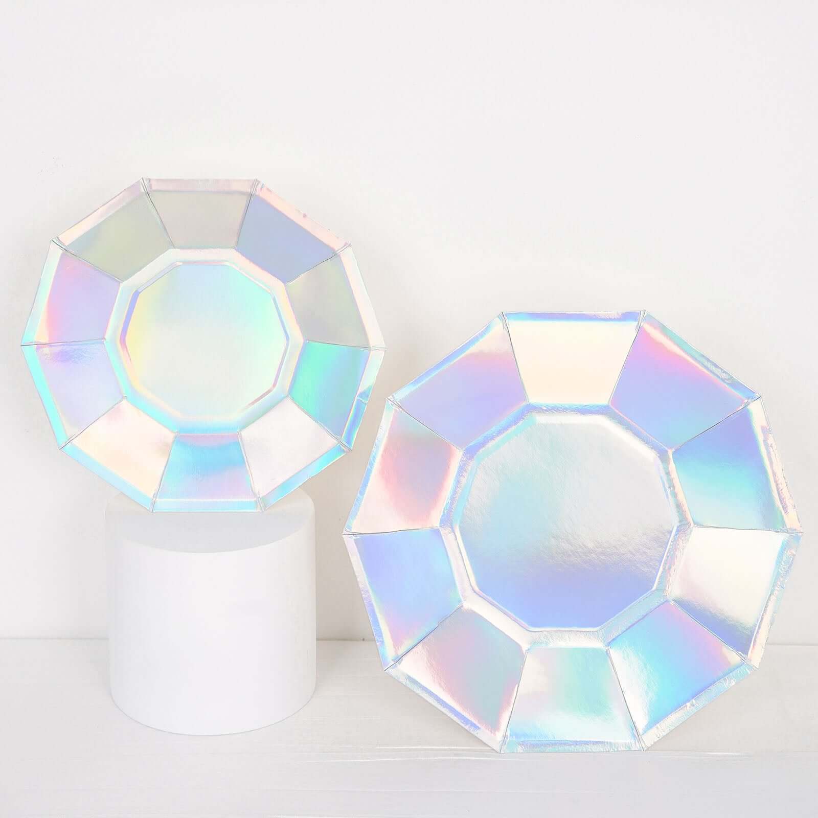 25-Pack 9-Inch Iridescent Decagon Disposable Dinner Plates for Disco & Space Parties