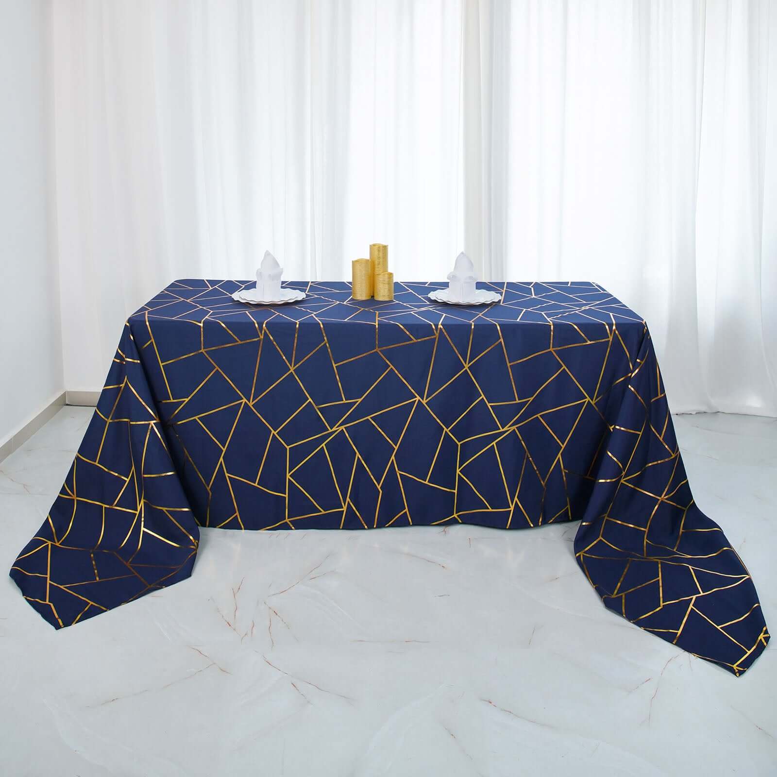 Wrinkle-Resistant Navy Blue Polyester Tablecloth with Gold Foil Pattern for Elegant Events