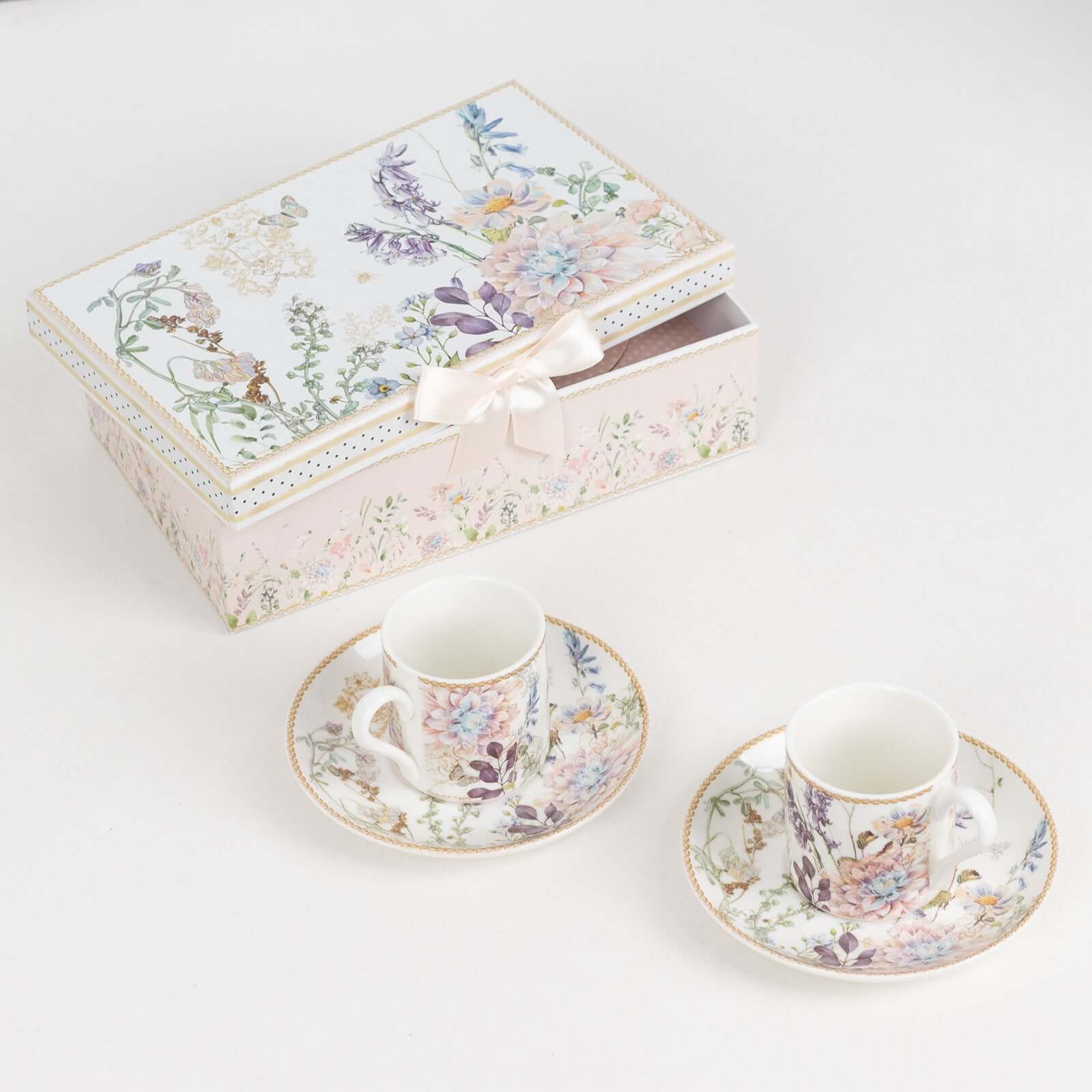 Blush Floral-Printed Porcelain Espresso Cups and Saucers Set of 2 with Gift Box