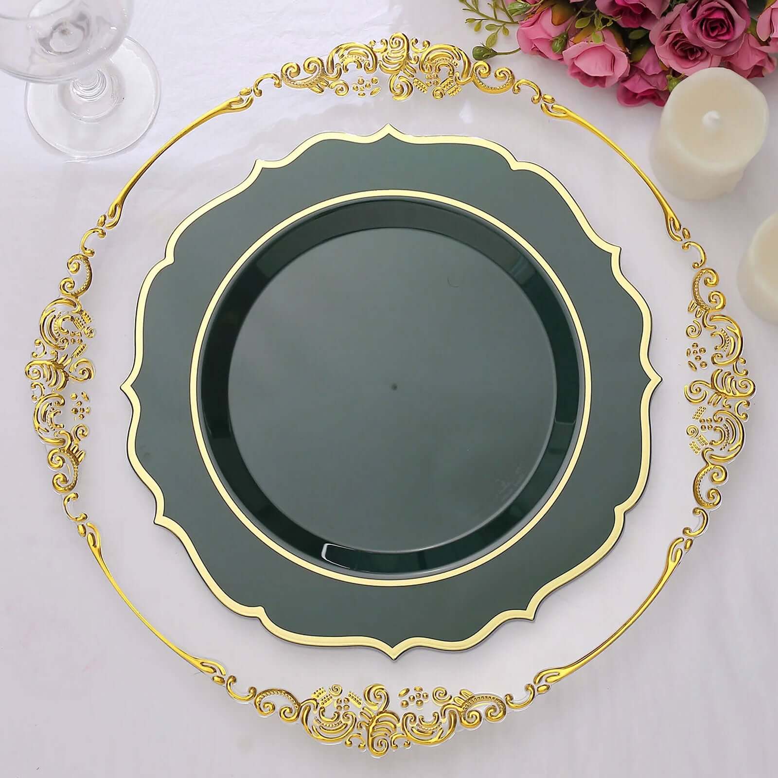 Get This 10-Pack of Disposable Hunter Emerald Green Plastic Round Dinner Plates with Gold Scalloped Rims