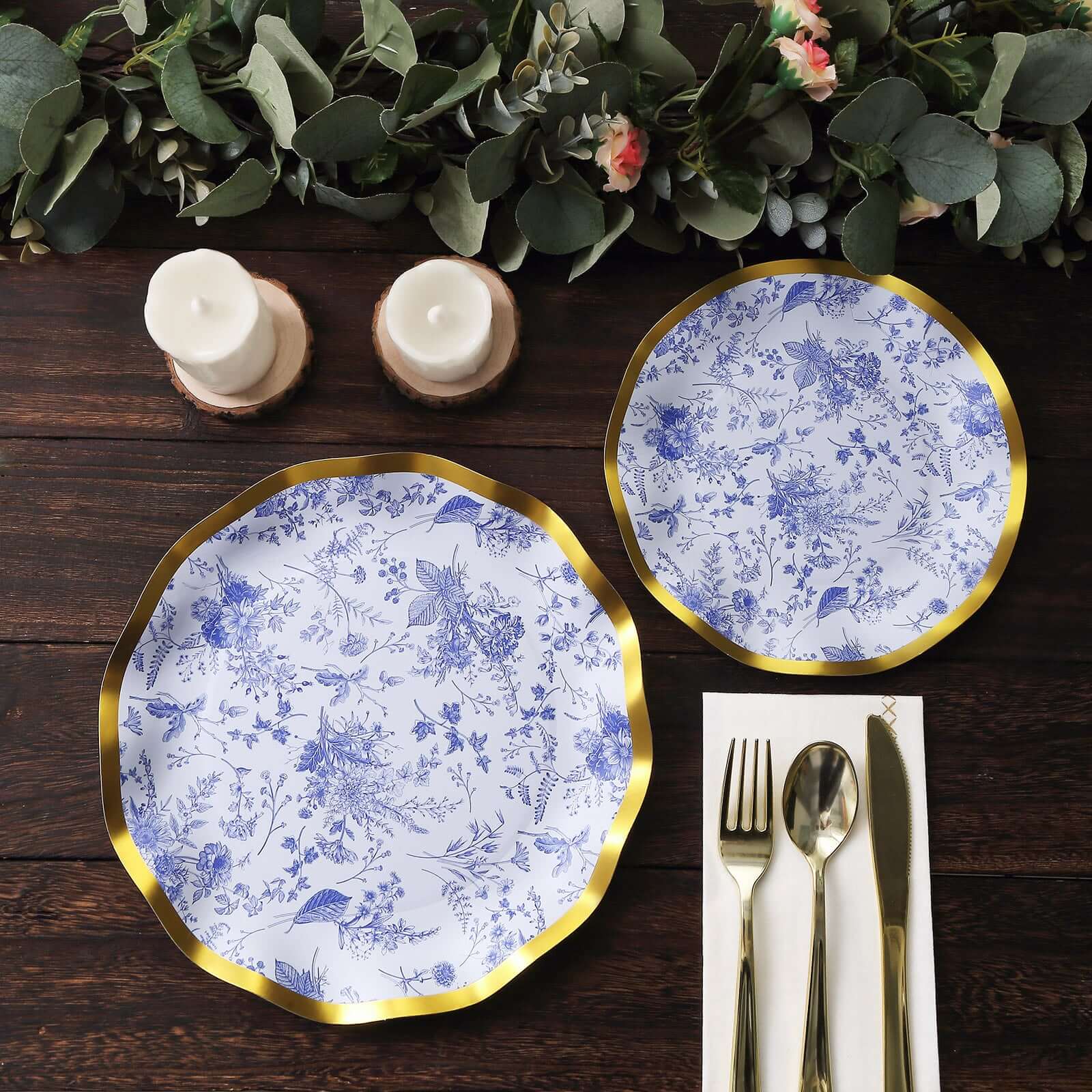 25-Pack Disposable 8-Inch Round White Salad Plates with Blue French Toile Pattern and Gold Wavy Rim - High-Quality Deal