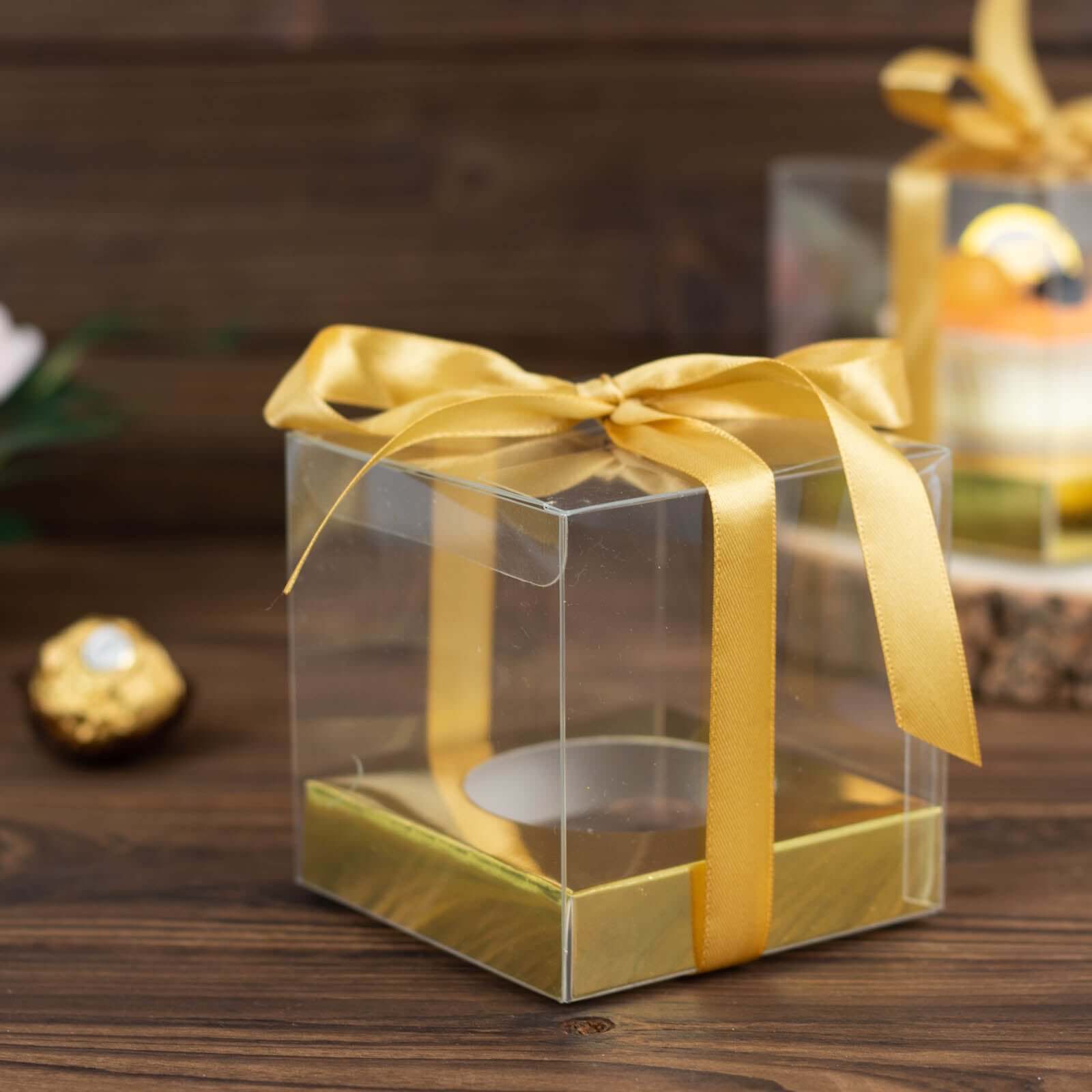 Hot Sale! 12-Pack 3.5-Inch Clear & Gold Disposable Plastic Cupcake Boxes with Ribbon for Weddings and Parties