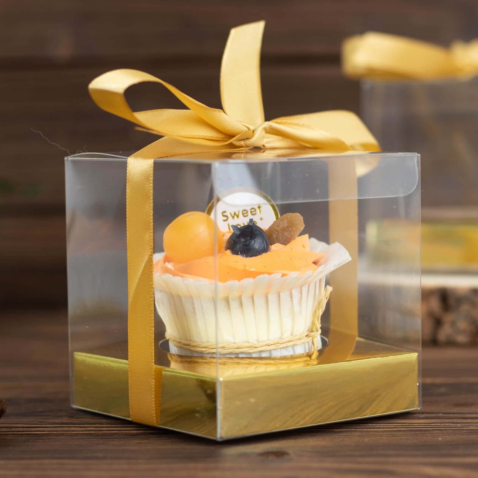 Hot Sale! 12-Pack 3.5-Inch Clear & Gold Disposable Plastic Cupcake Boxes with Ribbon for Weddings and Parties