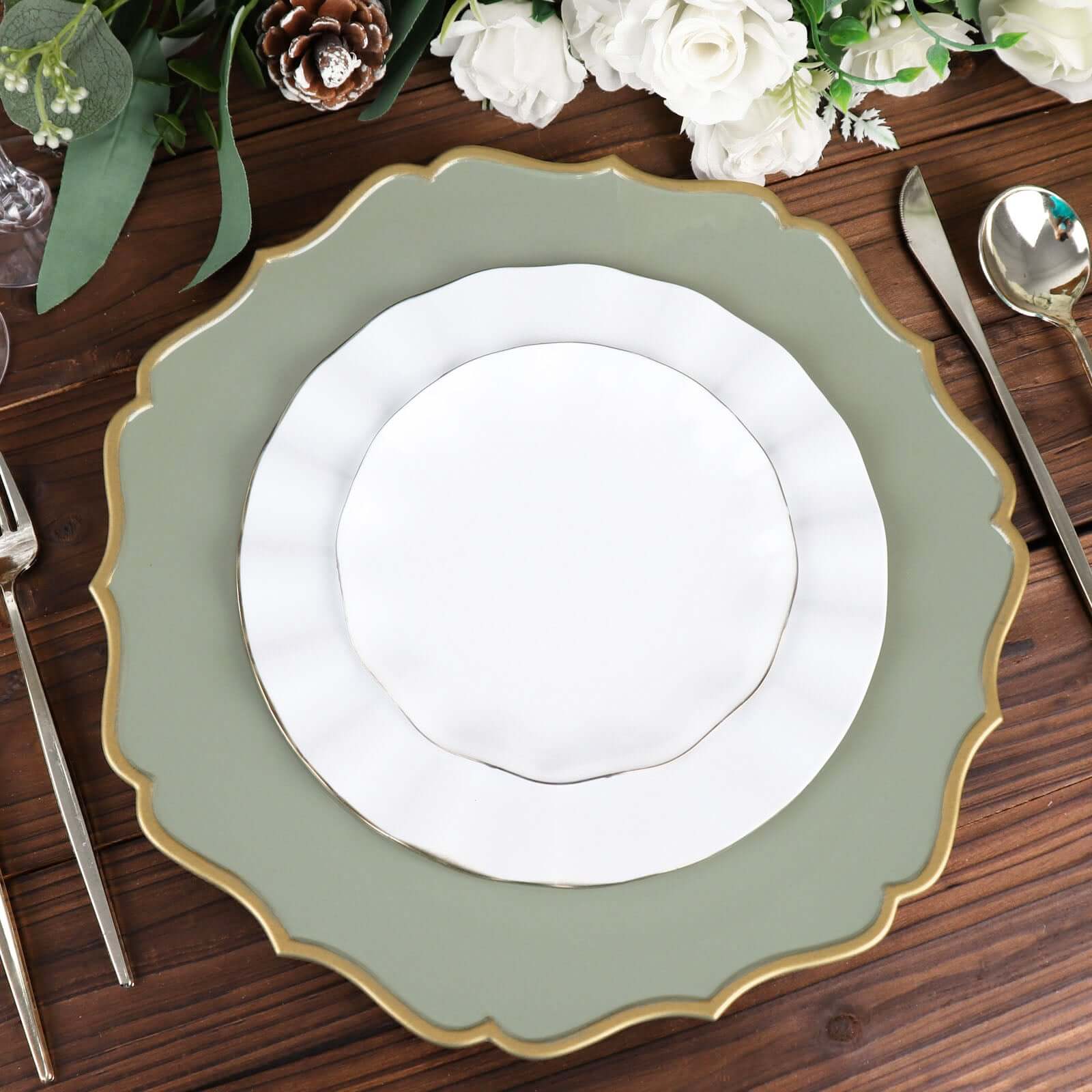 6-Piece Set of 13-Inch Dusty Sage Green Acrylic Charger Plates with Gold Scalloped Edges