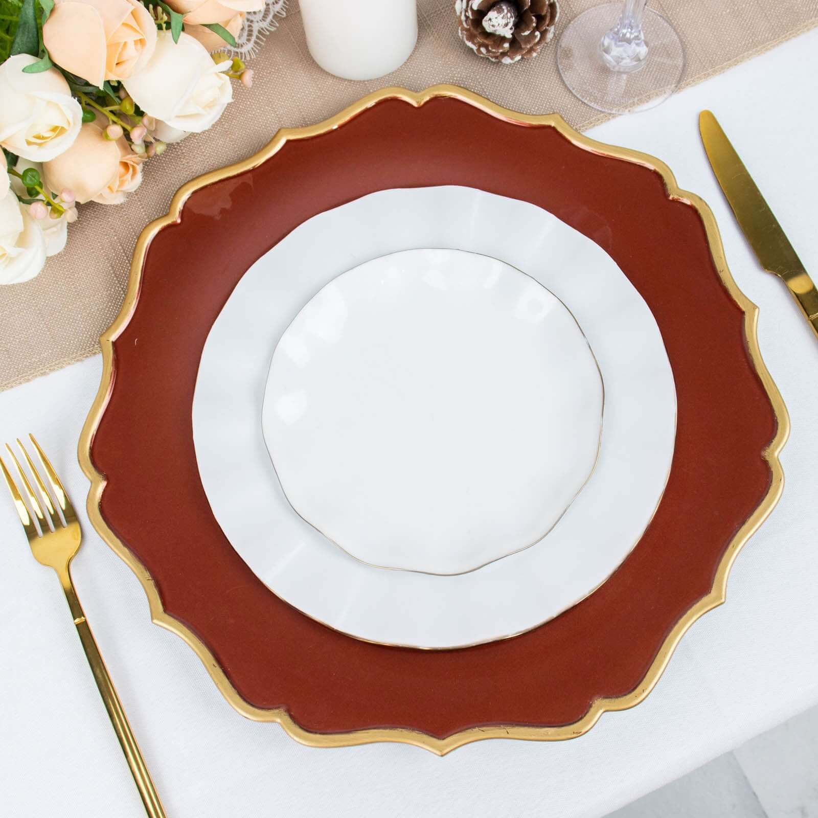 Hot Sale! 6-Piece Set of 13-Inch Terracotta (Rust) Acrylic Charger Plates with Gold Scalloped Rim for Dinner Parties