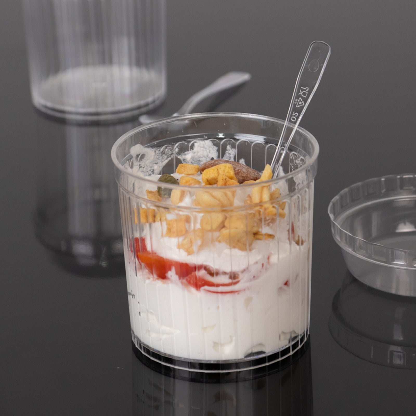 24-Pack 5oz Clear Ribbed Plastic Fruit Dessert Cups with Lid and Spoon - Ideal for Parfaits