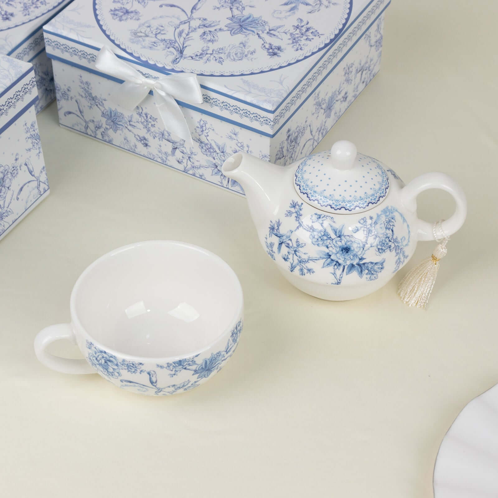Premium French Toile Porcelain Teapot and Cup Set - Ideal Bridal Shower Gift with Keepsake Box