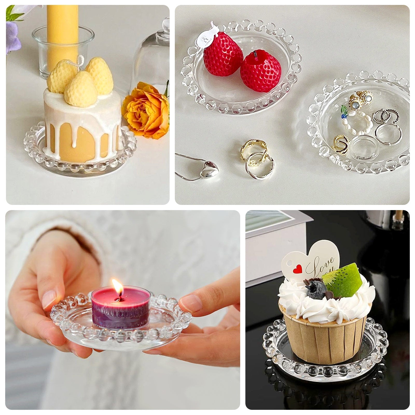 6-Pack Clear Glass Pillar Candle Holder Plates with Beaded Rims - Ideal Small Round Coasters