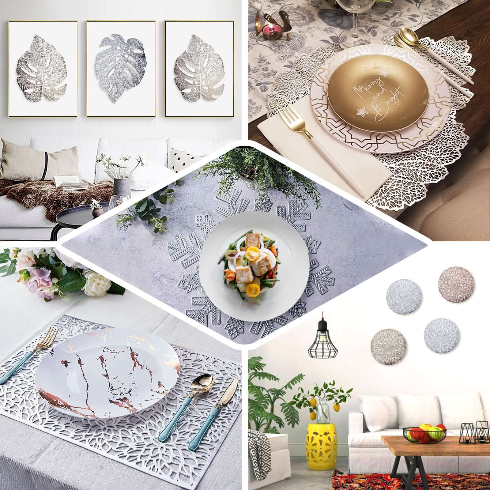 6-Piece Gold Geometric Woven Vinyl Dining Table Mats with Non-Slip Surface, 15 Inches