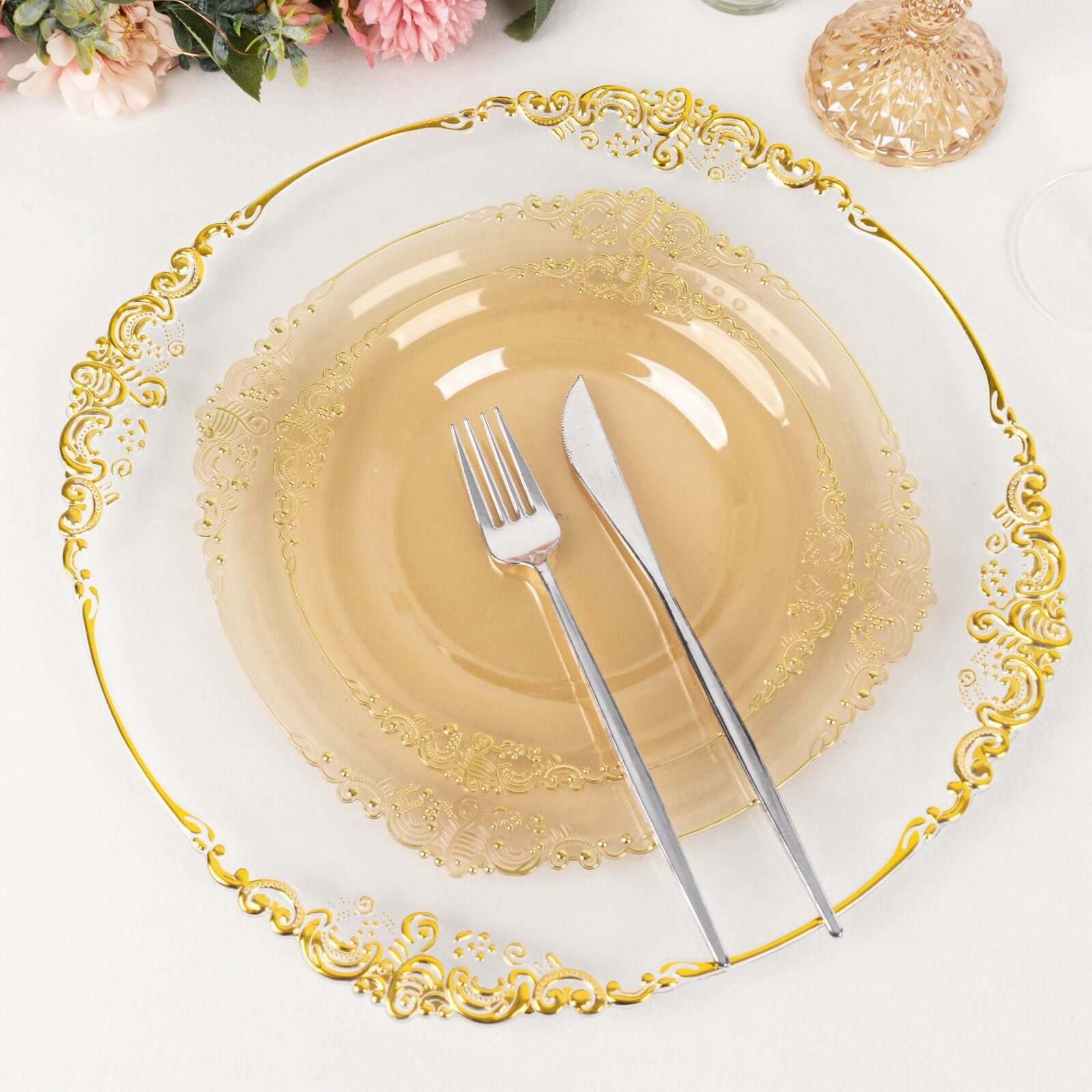 10-Pack Disposable Plastic Round Dinner Plates in Transparent Amber Gold with Gold Leaf Rim
