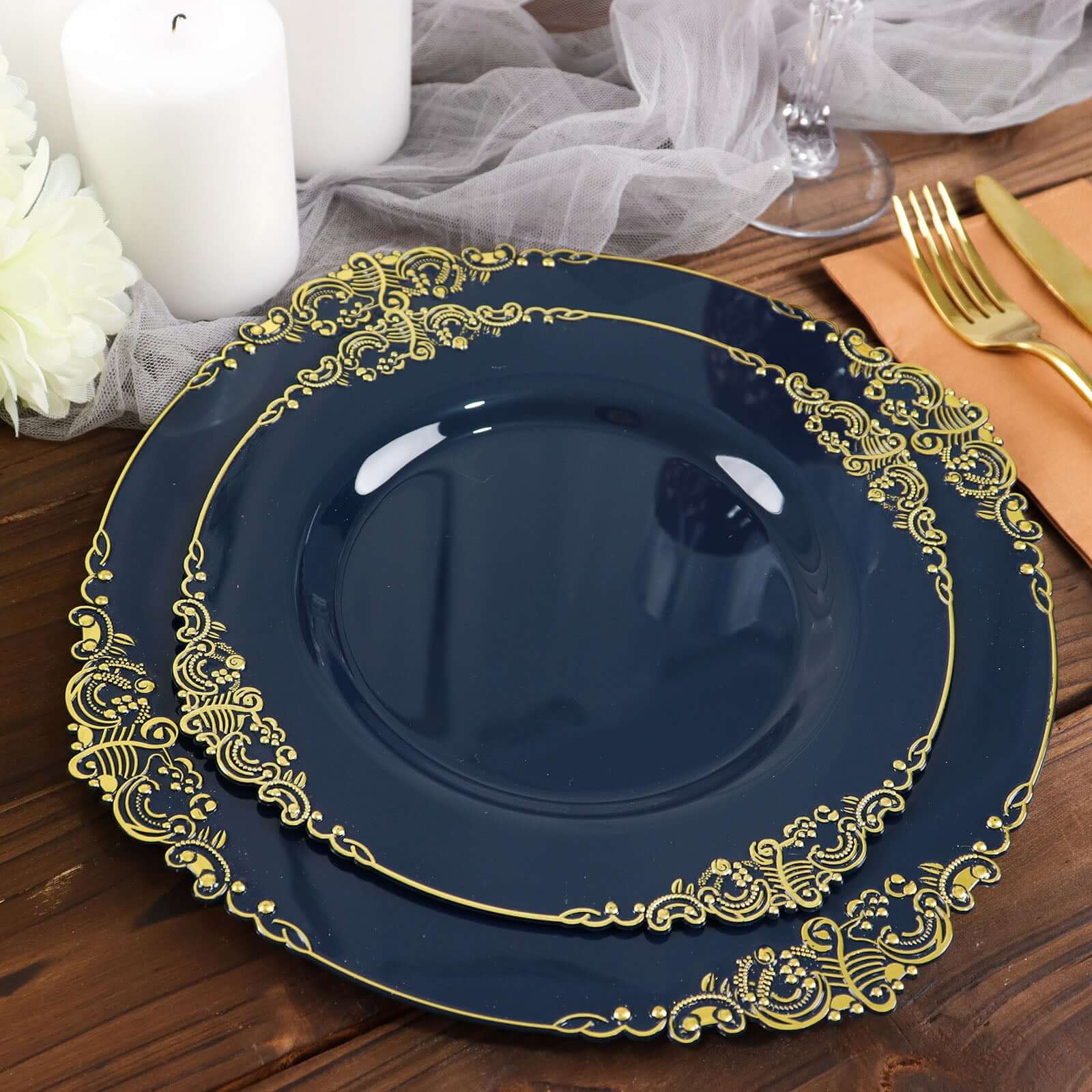 10-Pack Disposable Navy Blue Plastic Dinner Plates with Gold Leaf Embossed Rim - Vintage Baroque Style
