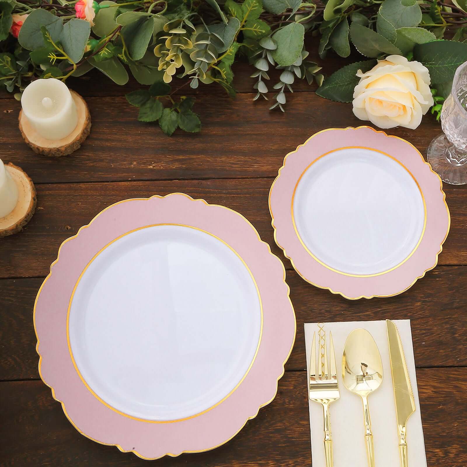 10-Pack Disposable White Plastic Dessert Plates with Blush Blossom & Gold Edging