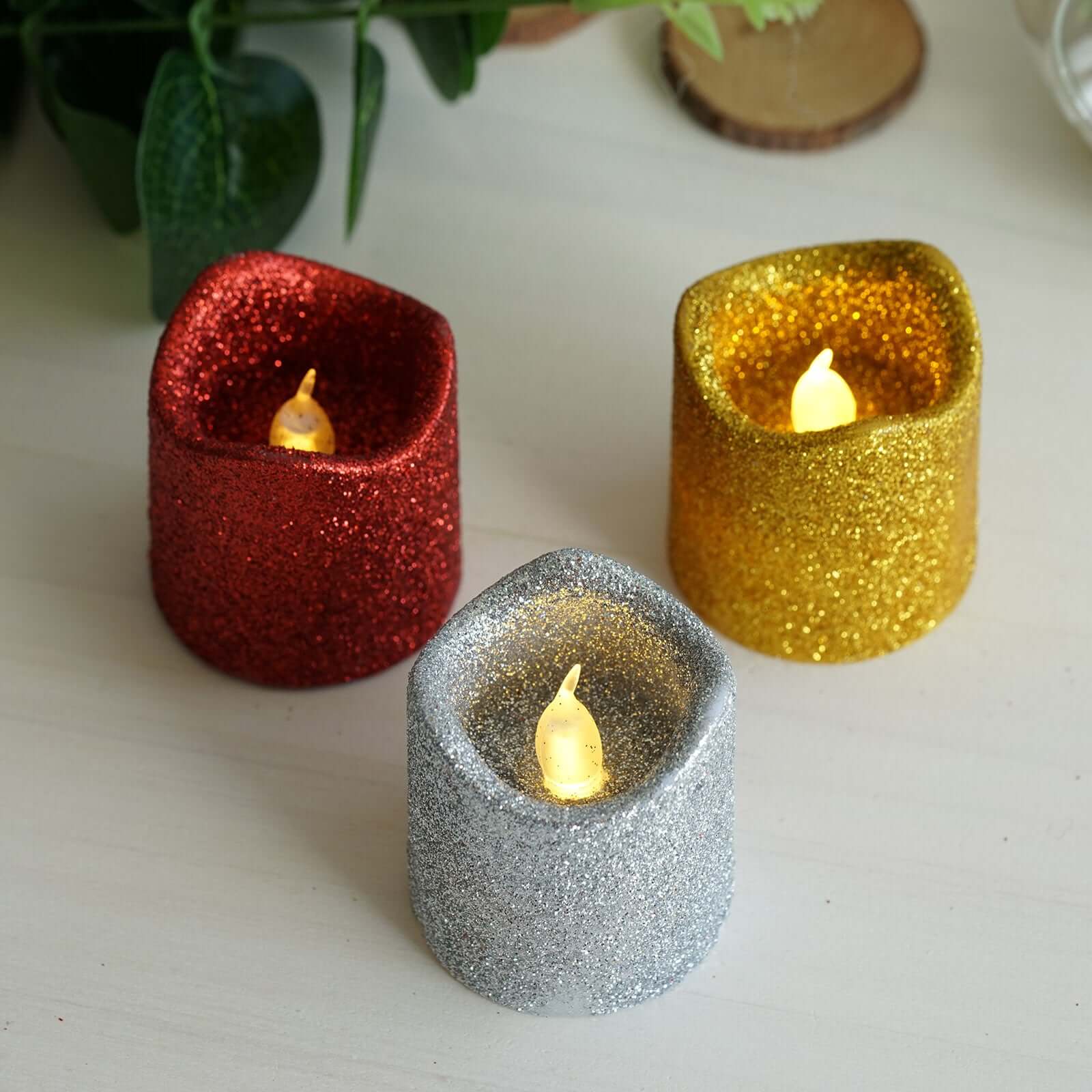 Hot Sale! 12-Piece Reusable Flameless LED Votive Candles with Glittered Gold Design, Battery Operated