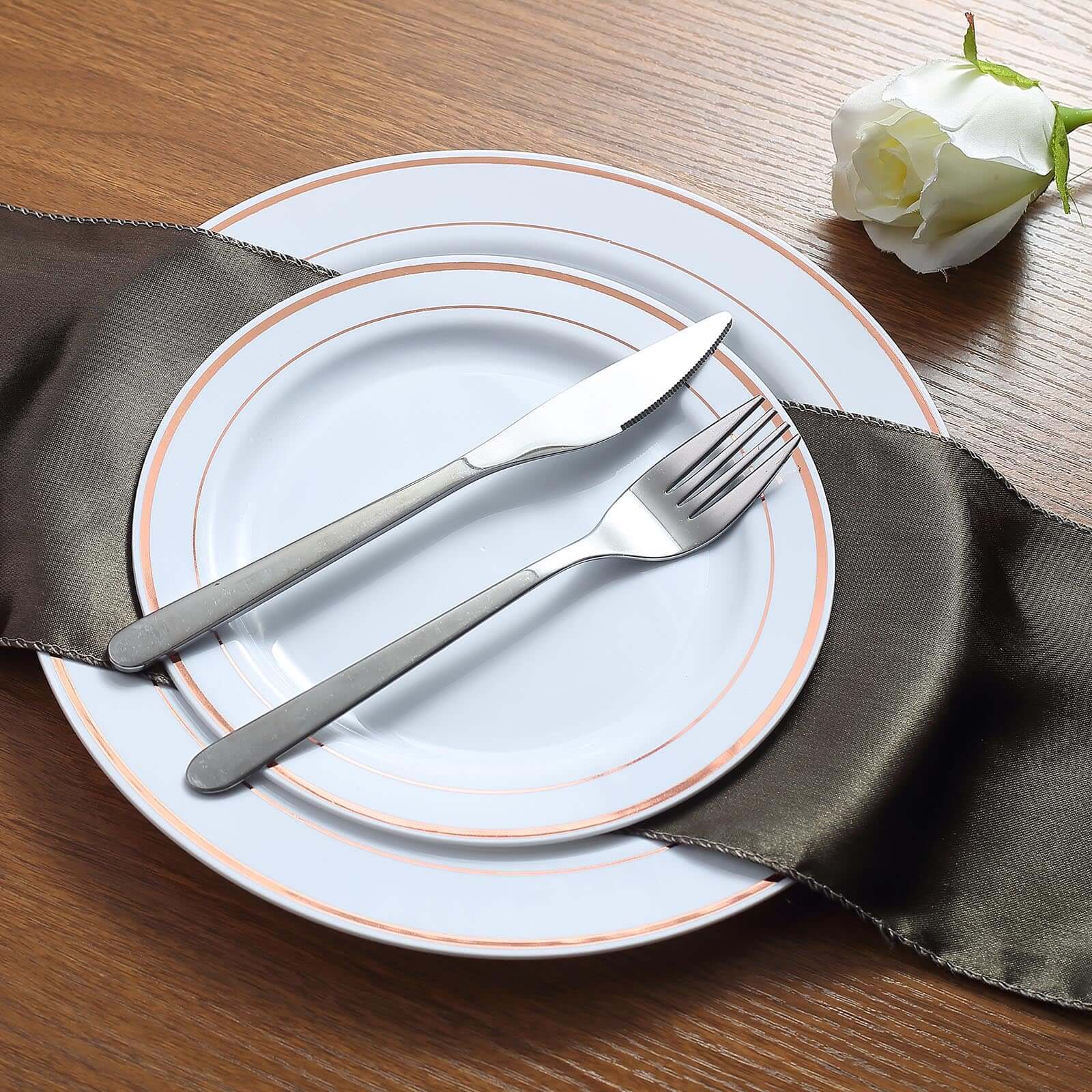 10-Piece Set of White Disposable Plastic Dessert Plates with Stylish Rose Gold Rim, 8 Inches