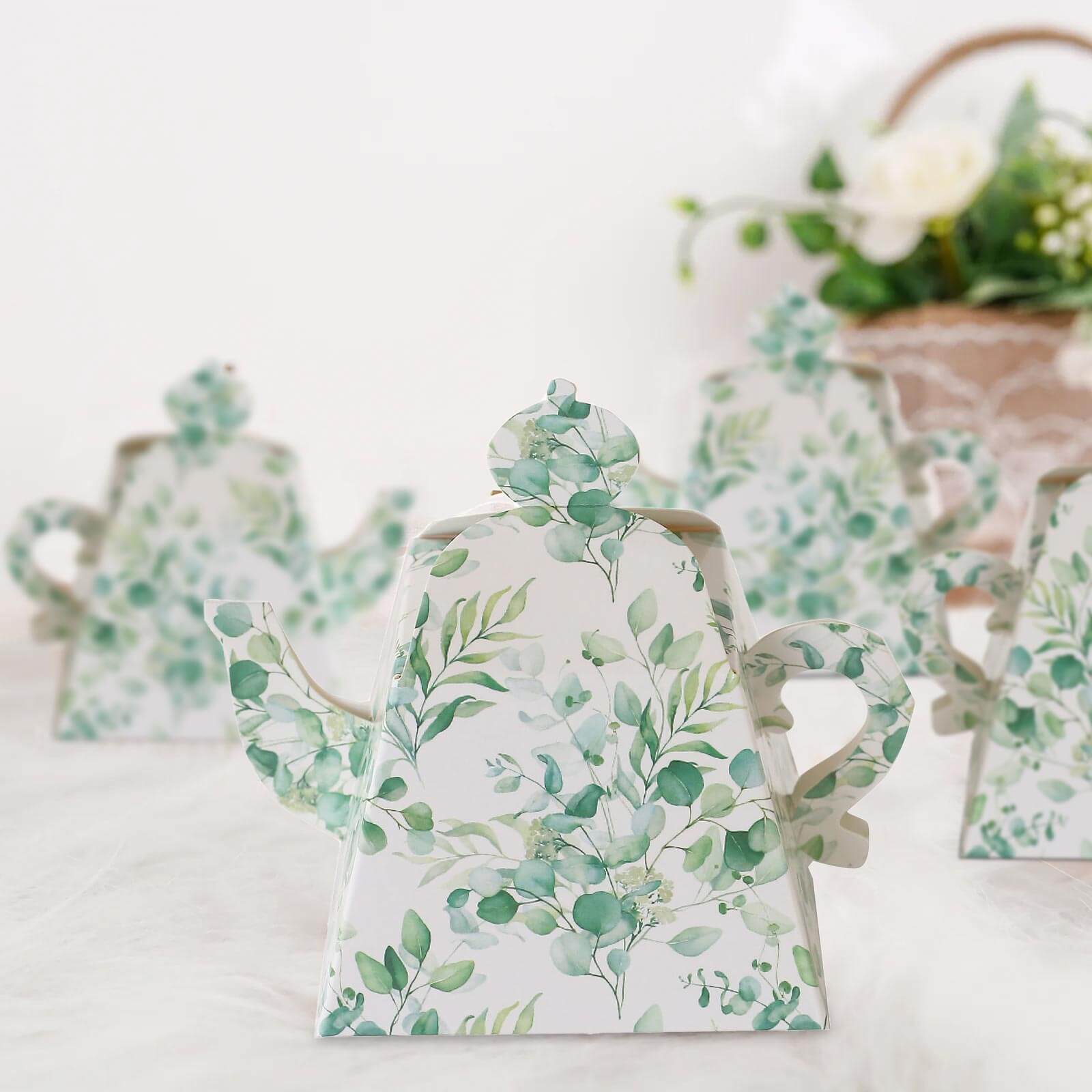 25-Pack Tea Time Mini Teapot Party Favor Boxes with Eucalyptus Greenery - Great Gift Idea
