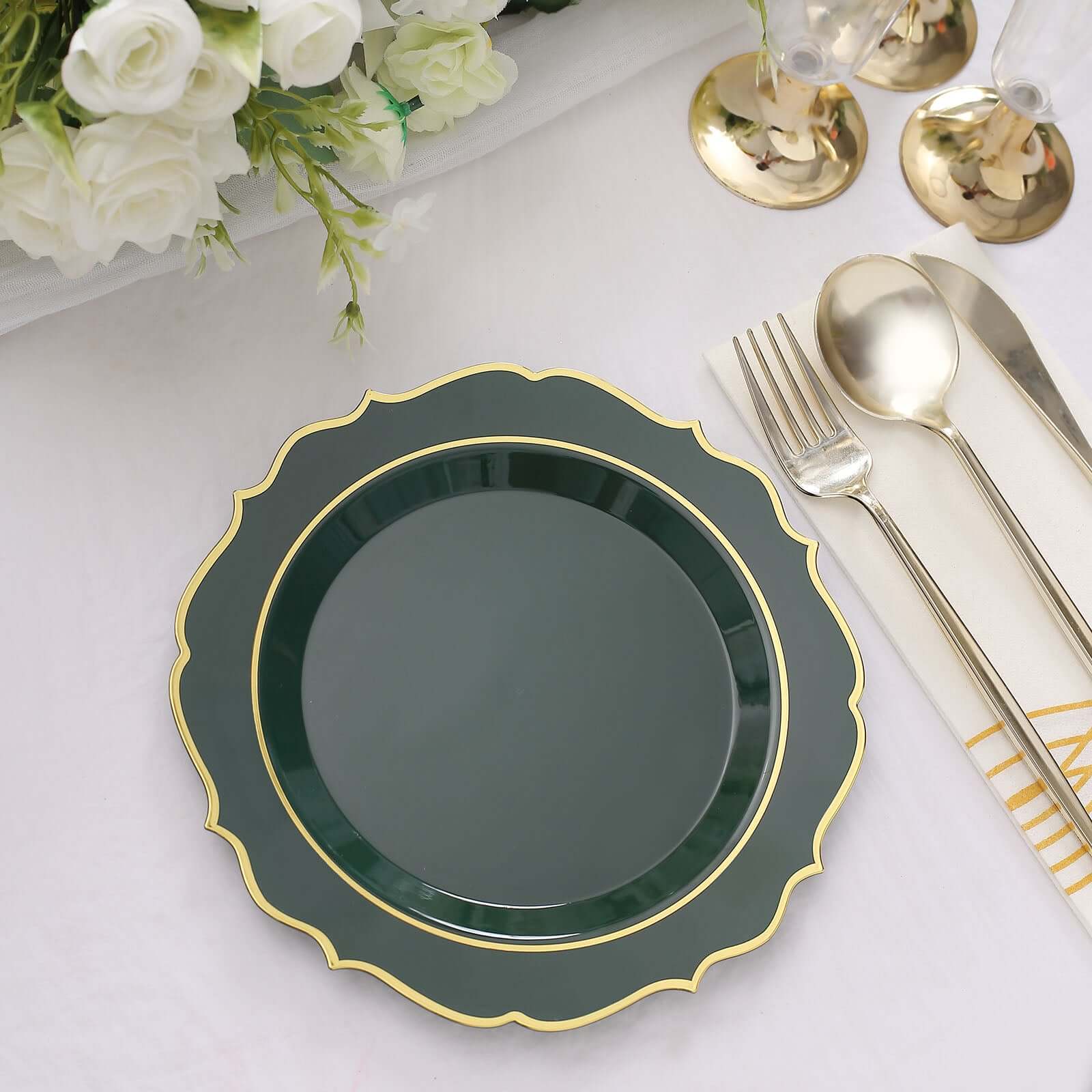 10-Pack Disposable 8-Inch Round Salad Plates in Hunter Green with Gold Scalloped Rim