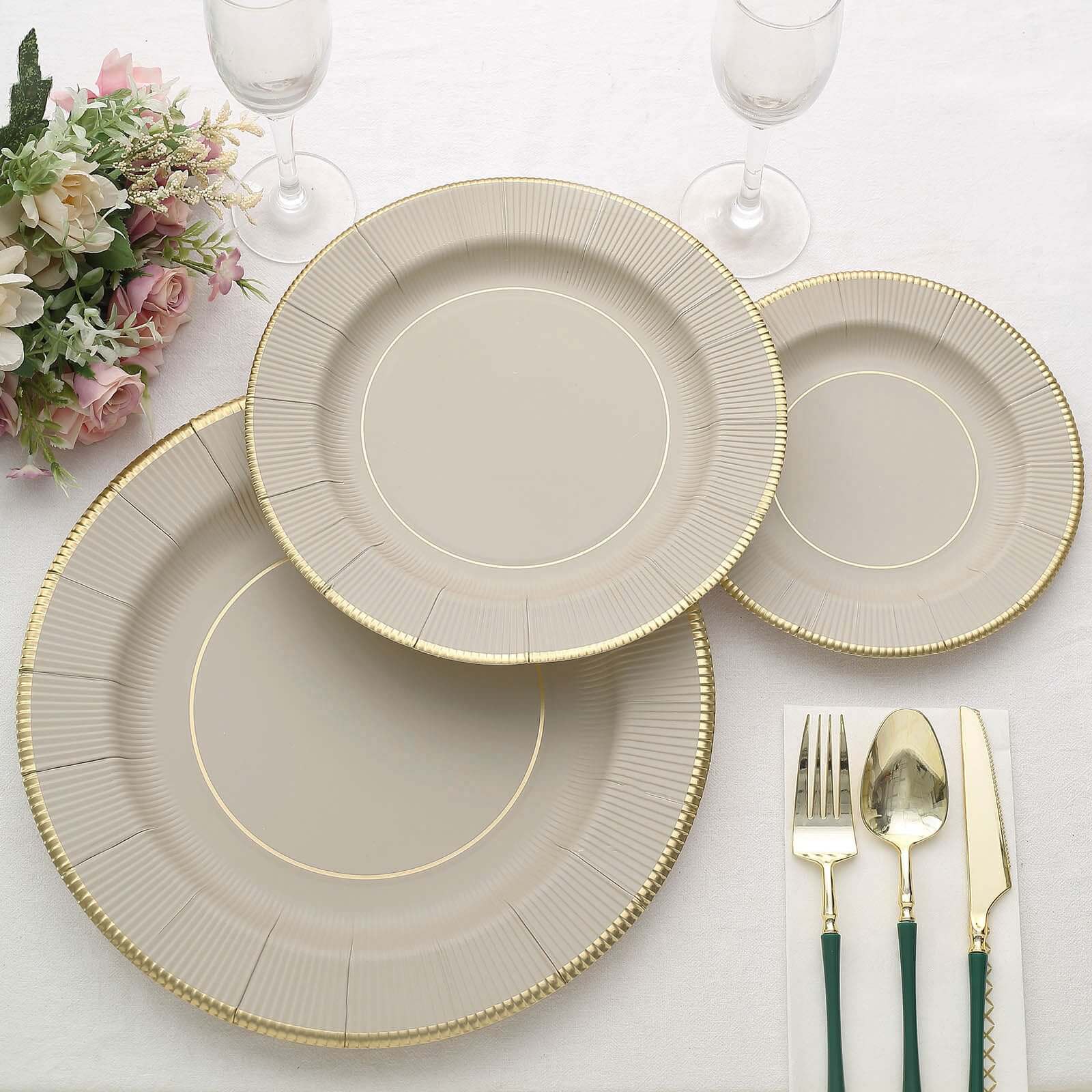25-Piece Set of Disposable Heavy Duty 350GSM Paper Charger Plates in Taupe Sunray Design with Gold Rim, 13 Inches