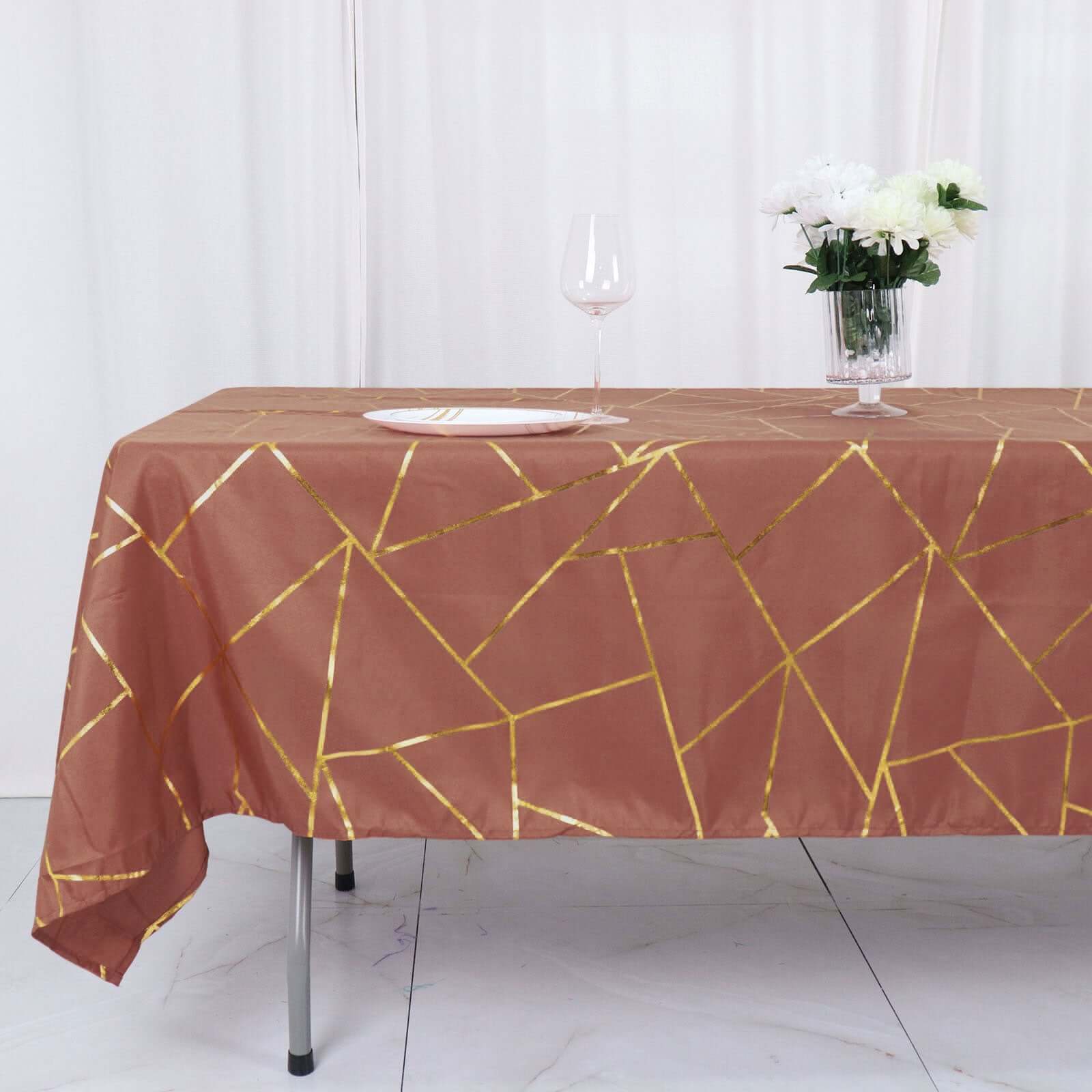 Wrinkle-Resistant & Durable Polyester Rectangle Tablecloth in Terracotta with Gold Foil Geometric Design - Ideal for Events