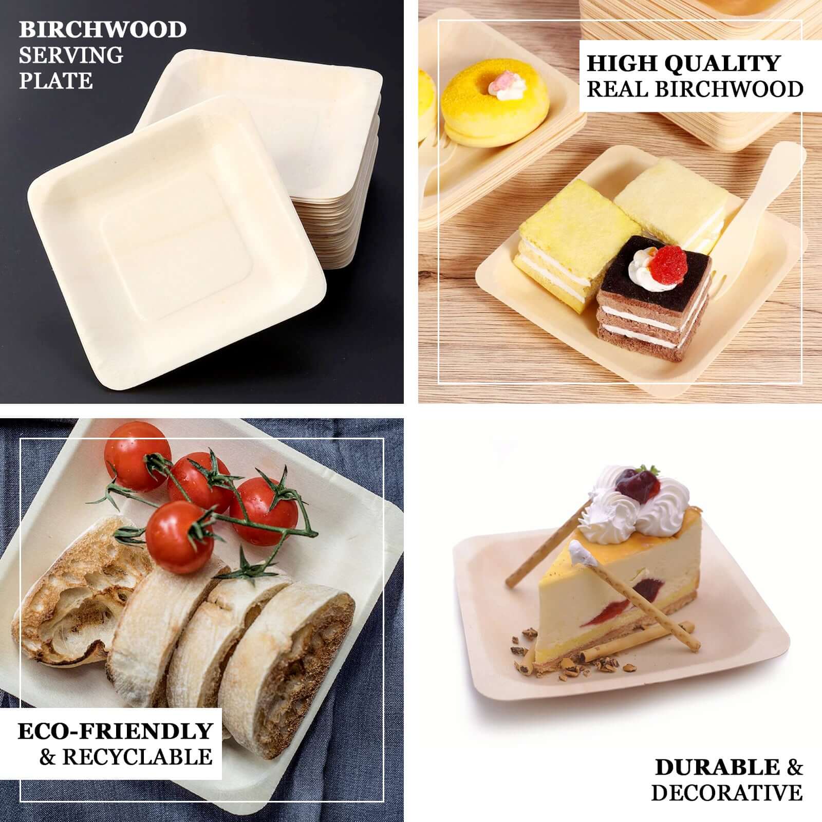 25-Piece Set of 6-Inch Square Eco-Friendly Birchwood Dessert and Appetizer Plates