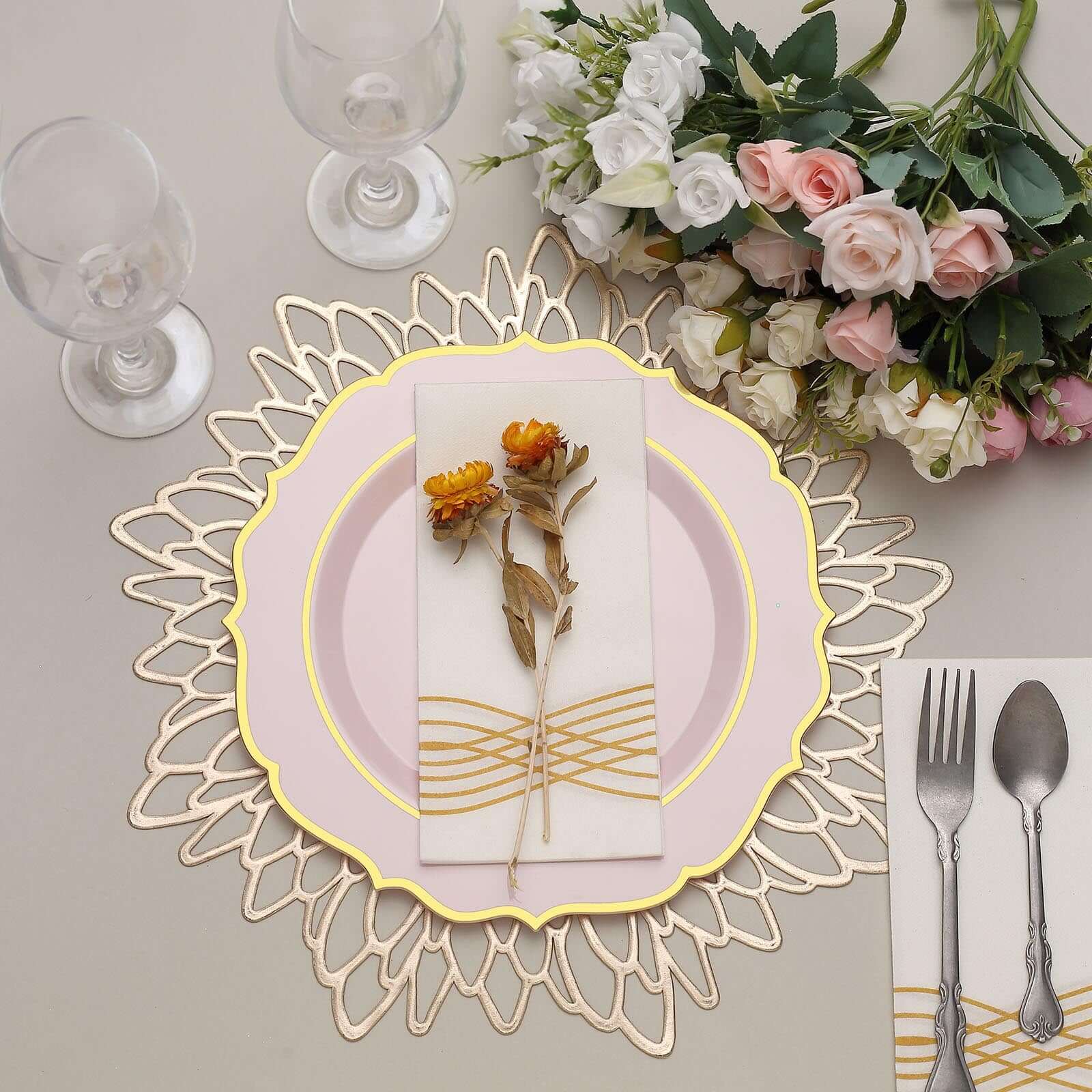 Hot Deal! 10-Pack Disposable Blush Plastic Dinner Plates with Gold Scalloped Rim