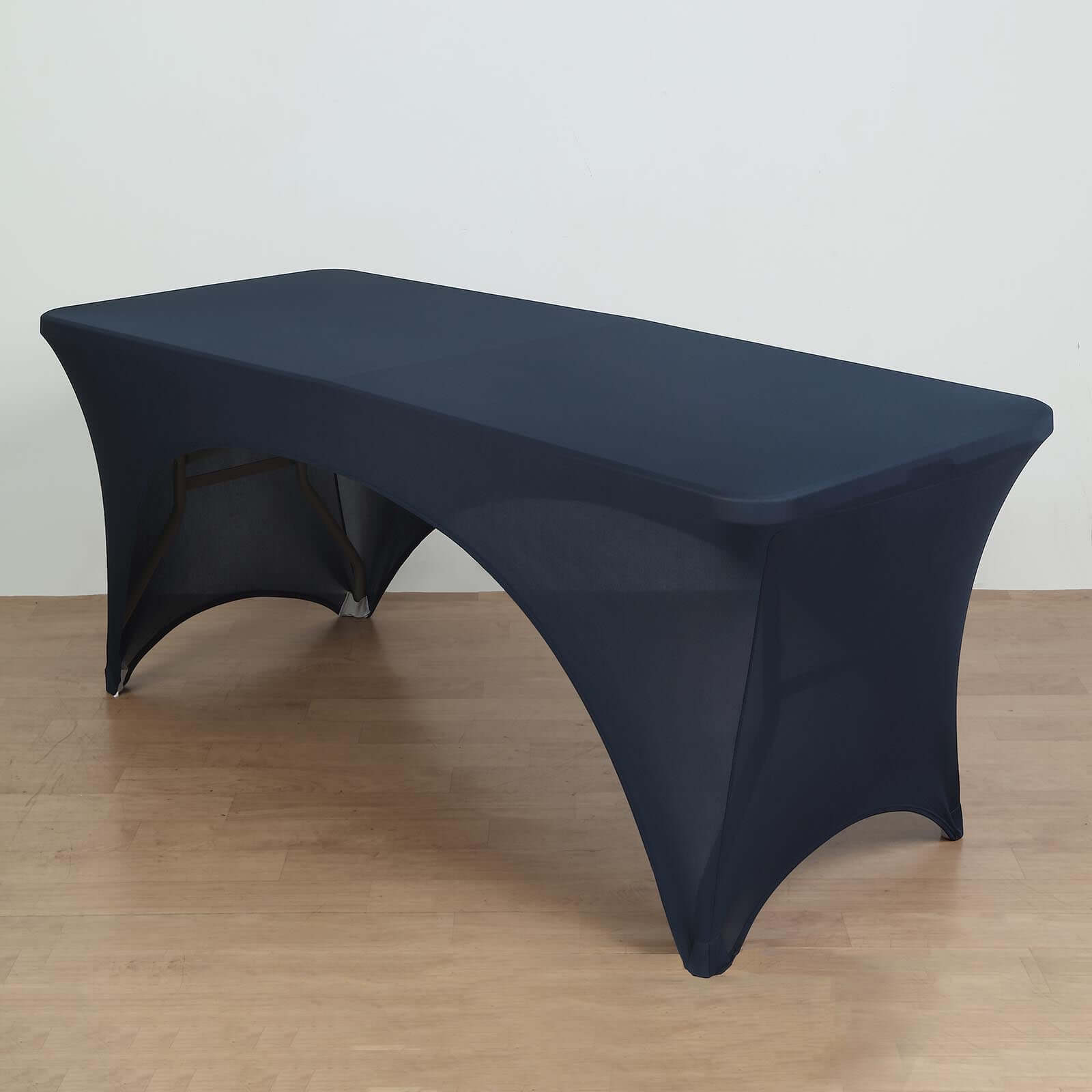 Navy Blue Stretch Spandex 96x30 Rectangle Table Cover with Curved Open Back - Professional Look