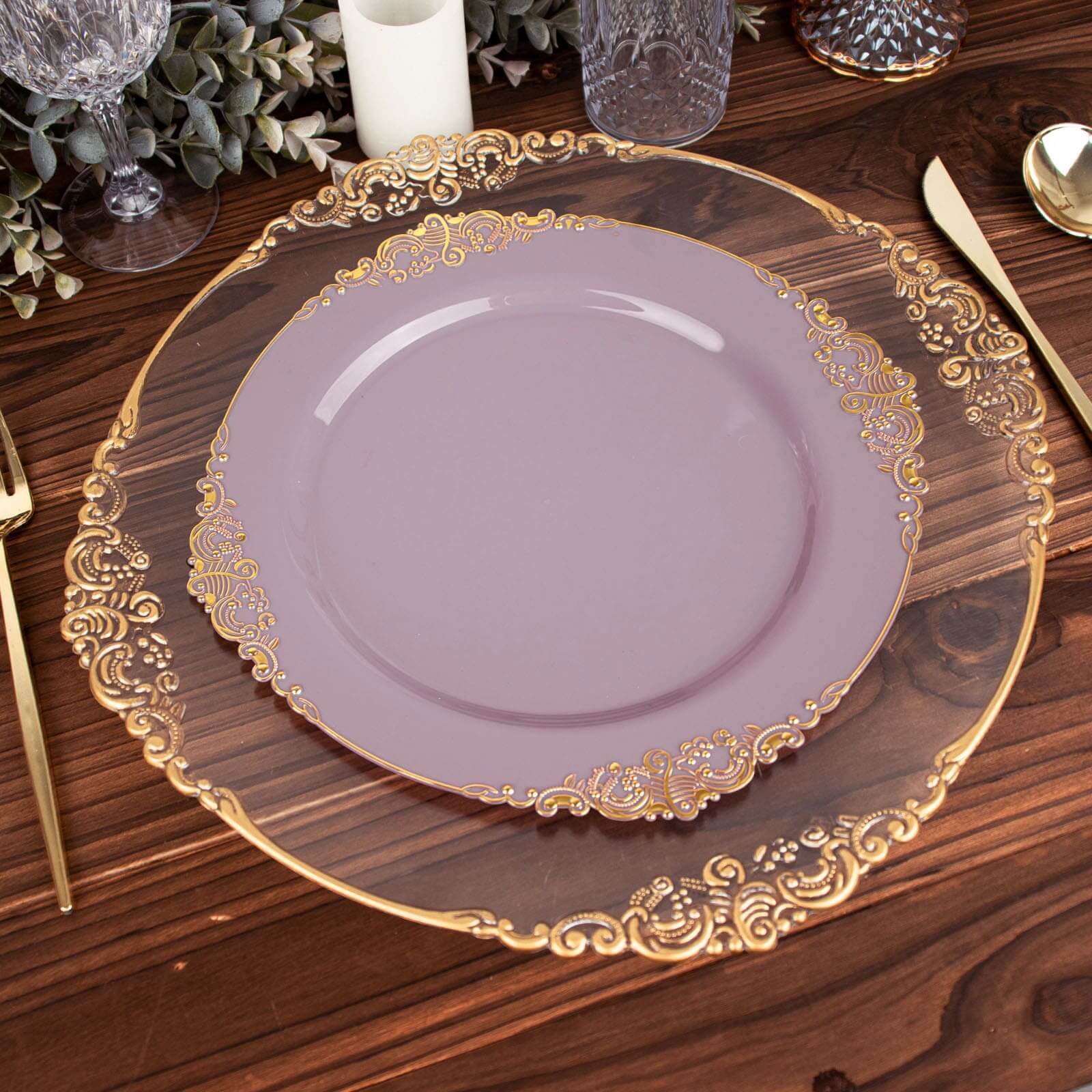 Hot Deal! 10-Pack Disposable Plastic Round Dinner Plates in Lavender Lilac with Gold Leaf Embossed Rim, Vintage Baroque Style