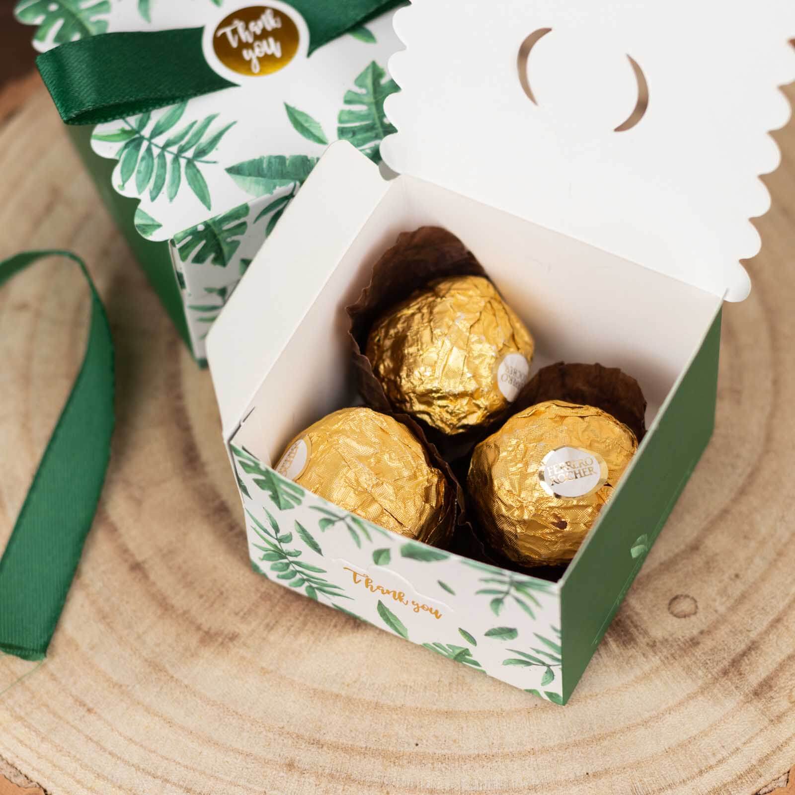 25-Piece Set of Green Monstera Leaf Printed Candy Gift Boxes with Satin Ribbon Bows