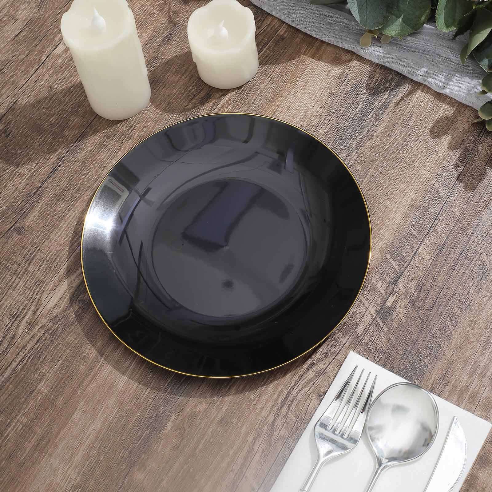 Hot Deal! 10-Pack of 8-Inch Round Black Plastic Dessert Plates with Gold Rim, Disposable and Sturdy
