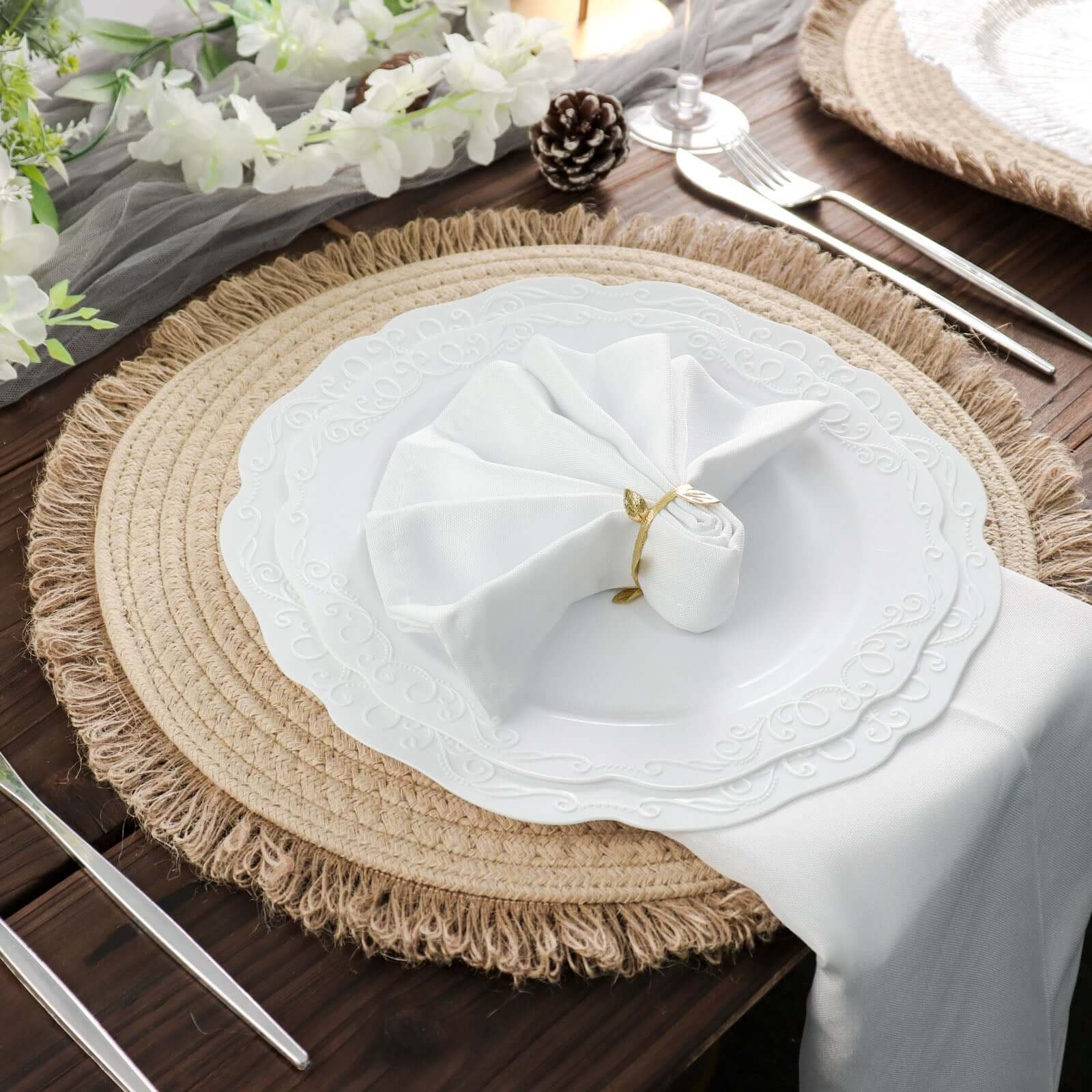 4-Pack Natural Rustic Burlap Jute Round Placemats with Fringed Edge - Farmhouse Style Table Decor