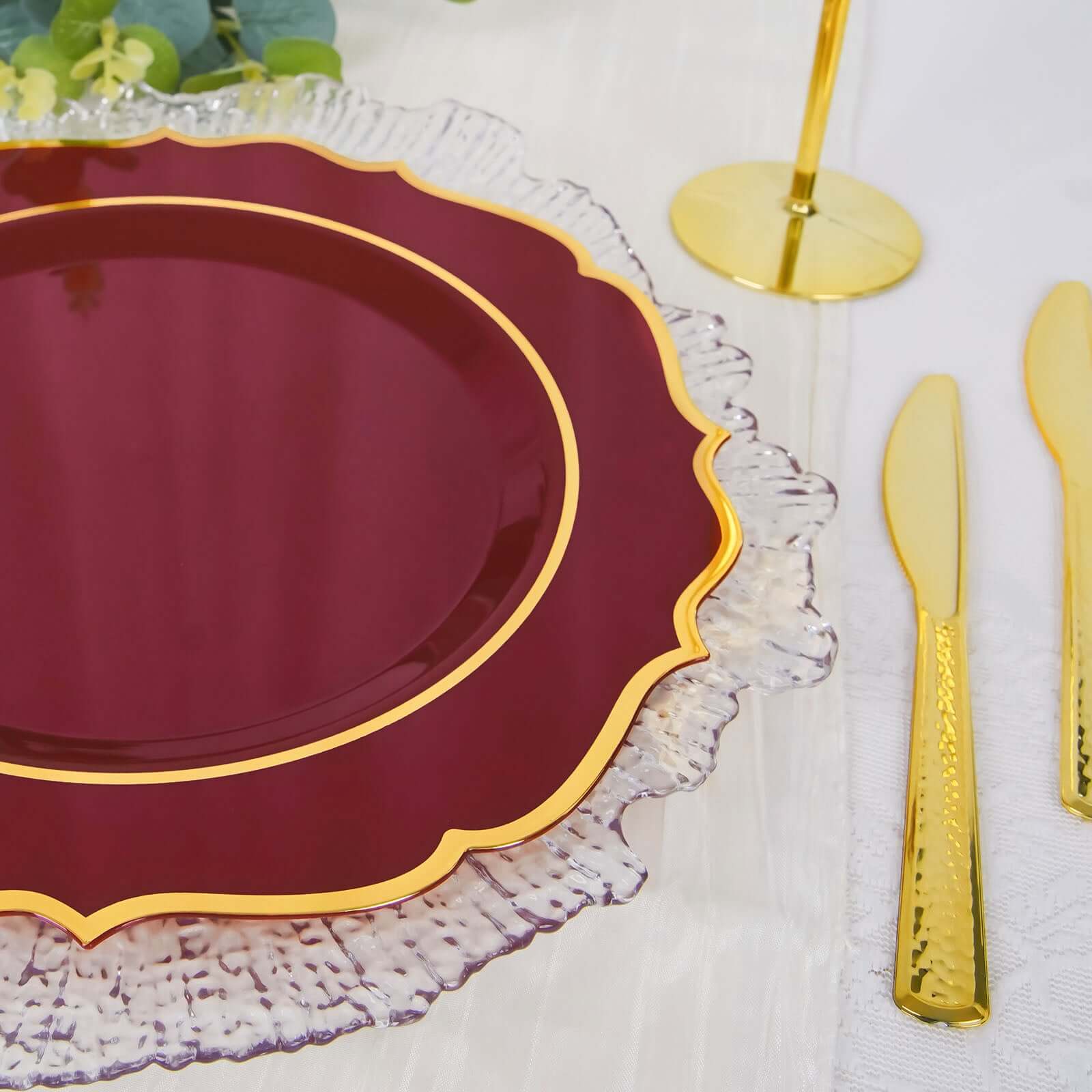 10-Pack Disposable Burgundy Plastic Round Dinner Plates with Gold Scalloped Rim - Ideal for Parties