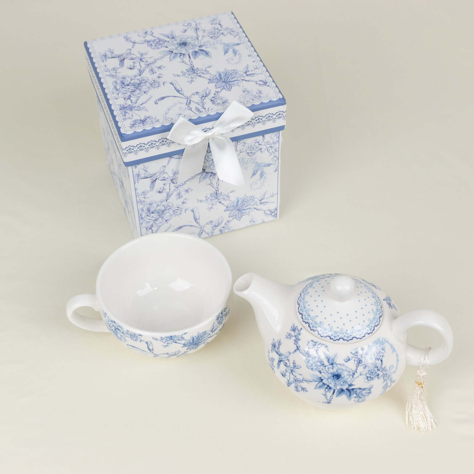Premium French Toile Porcelain Teapot and Cup Set - Ideal Bridal Shower Gift with Keepsake Box