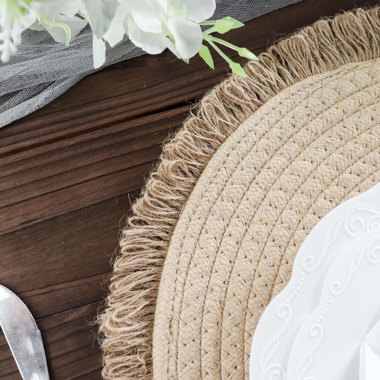 4-Pack Natural Rustic Burlap Jute Round Placemats with Fringed Edge - Farmhouse Style Table Decor