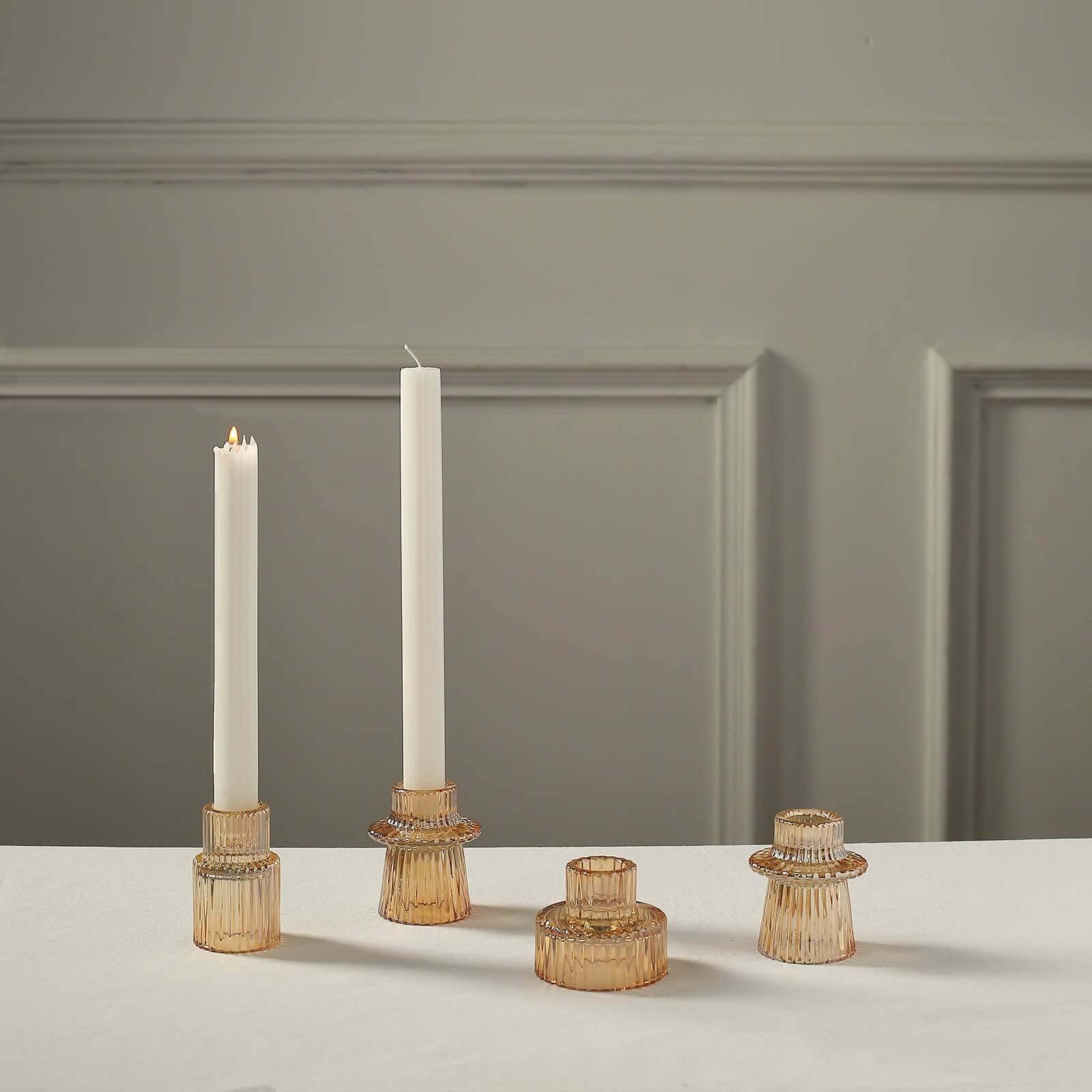 Hot Sale! Set of 6 Amber Gold Glass Taper Candle Holders with Ribbed Crystal Design