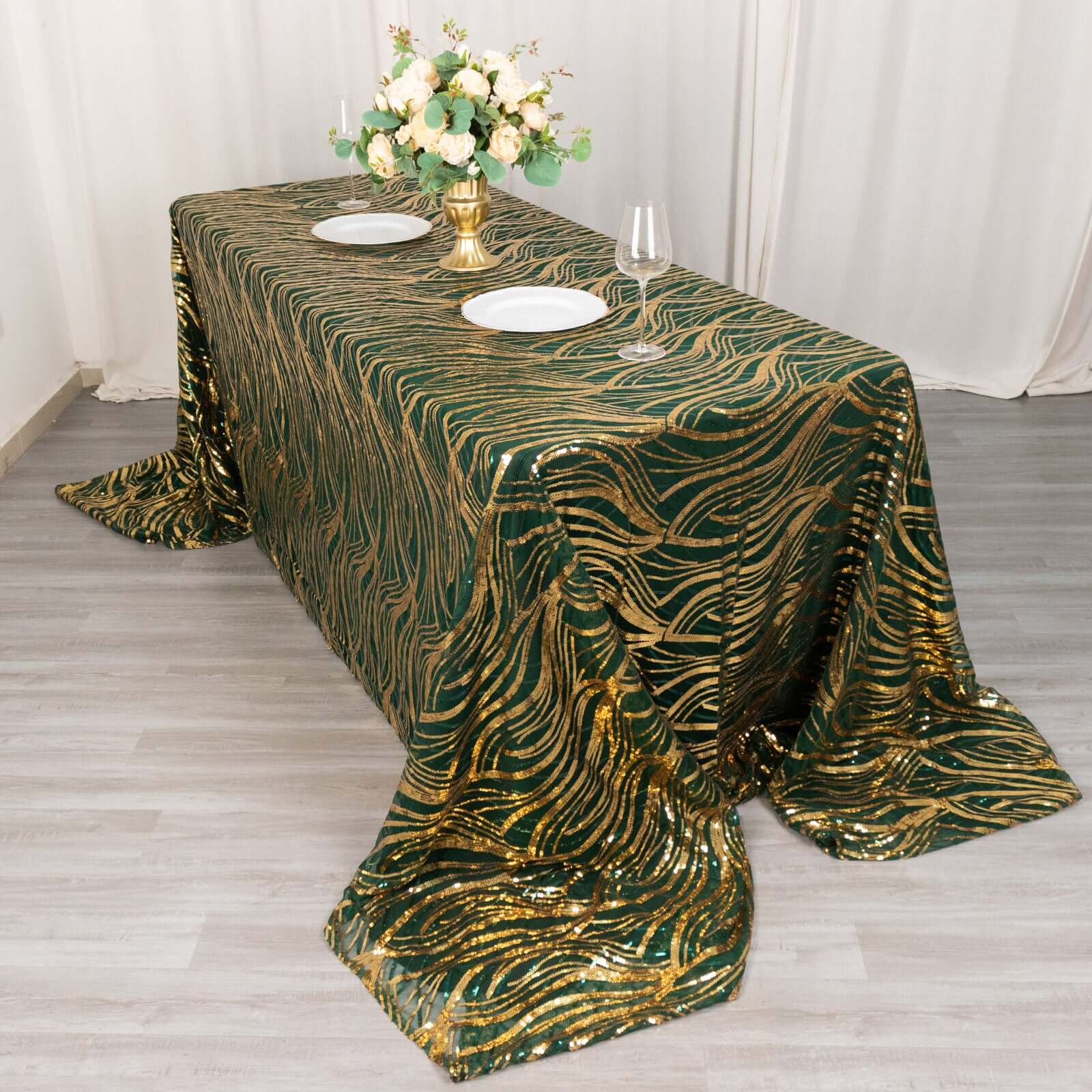 Sparkling Wave Sequin Embroidered Mesh Rectangle Tablecloth - Hunter Emerald Green/Gold