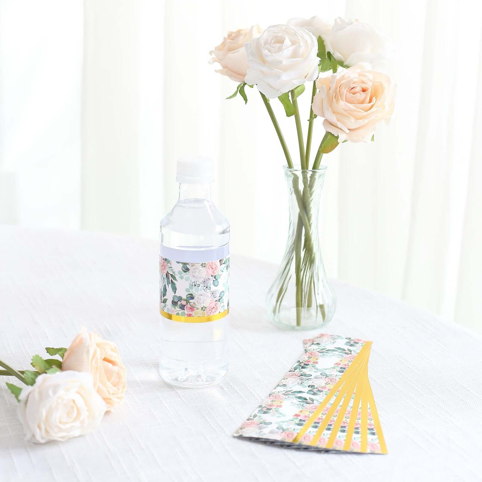 24-Pack Waterproof Water Bottle Labels: Peony Floral Design with Gold Trim in White & Pink
