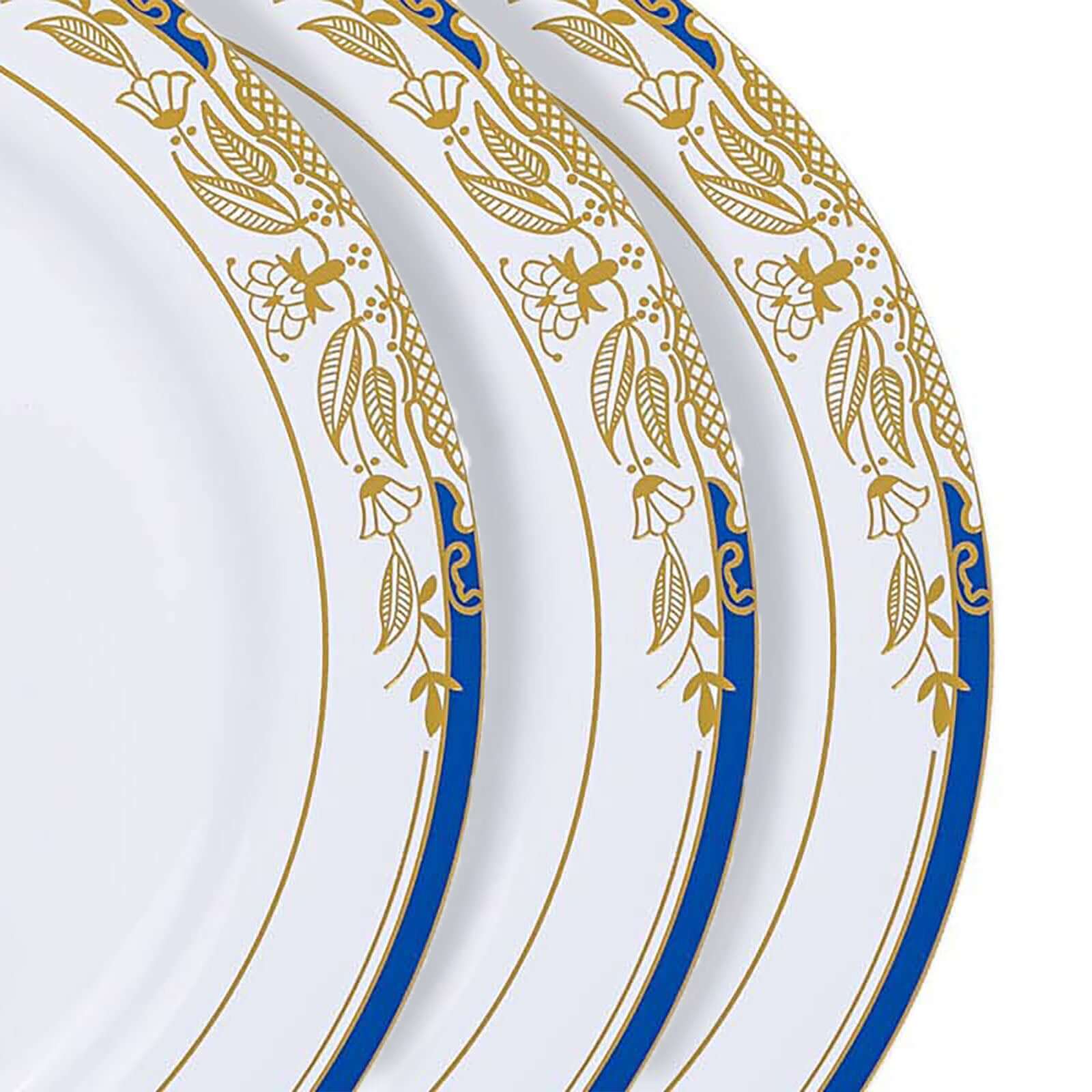 10-Pack Disposable White Dinner Plates with Royal Blue Rim and Gold Vine Design for Special Events