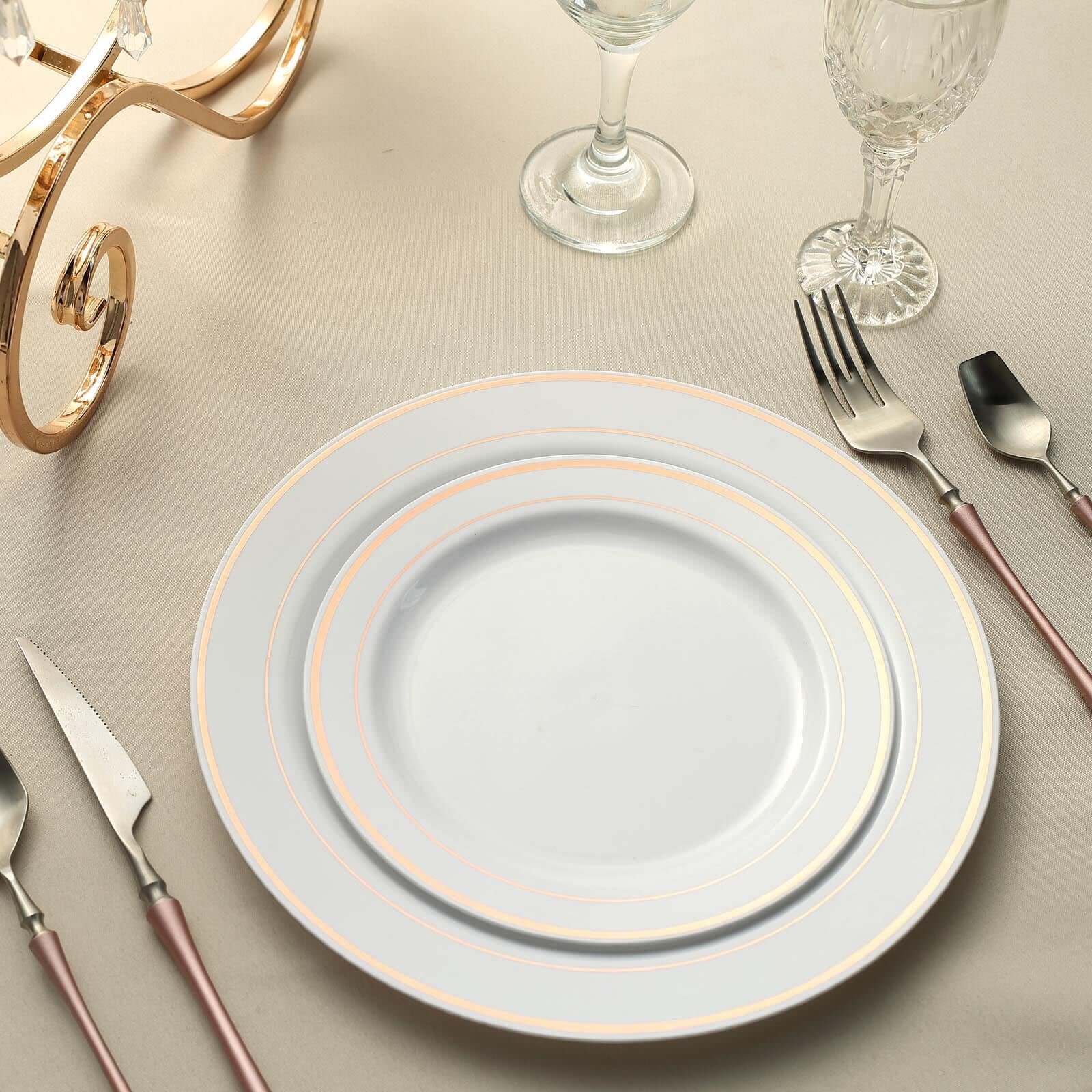 10-Piece Set of White Disposable Plastic Dessert Plates with Stylish Rose Gold Rim, 8 Inches