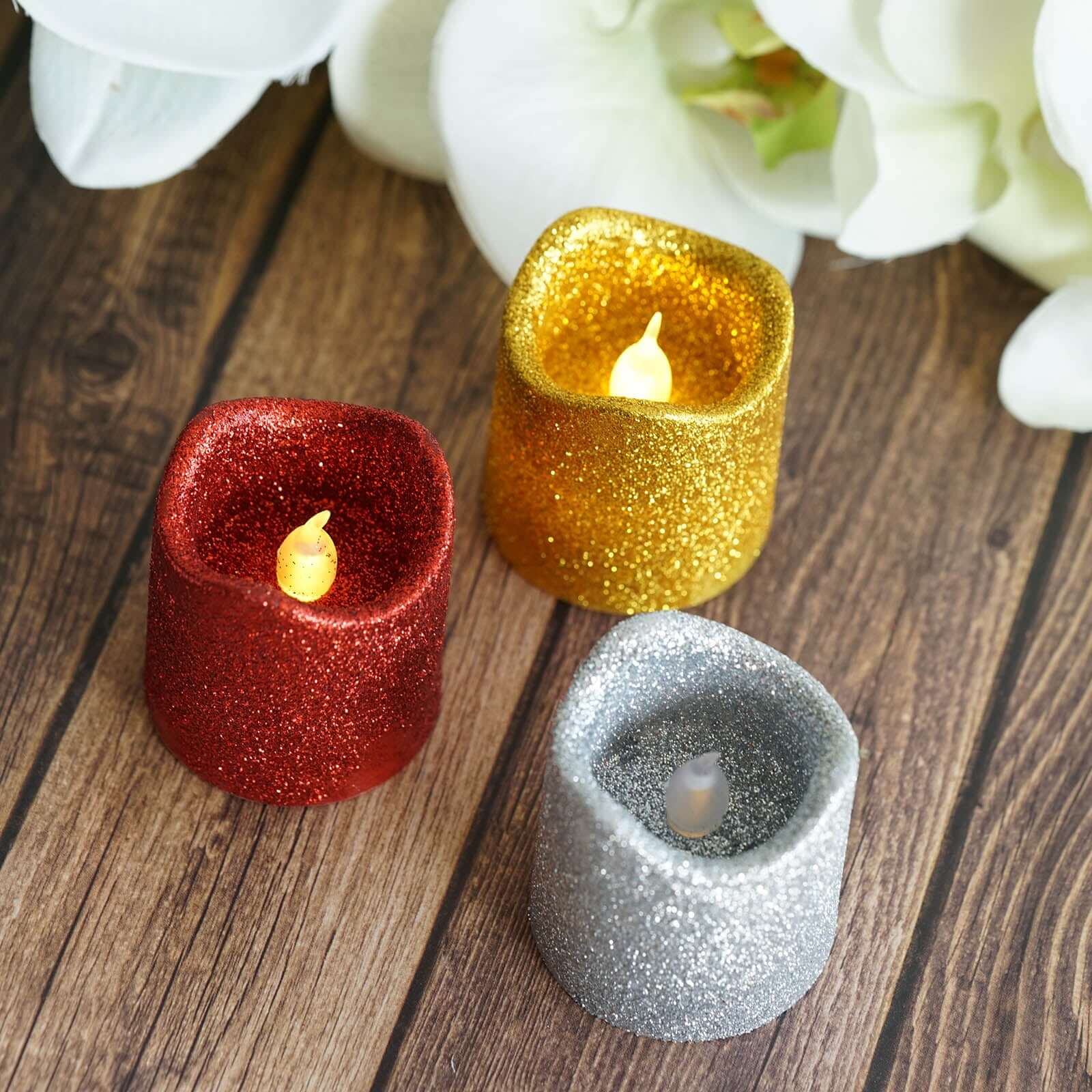 Hot Sale! 12-Piece Reusable Flameless LED Votive Candles with Glittered Gold Design, Battery Operated