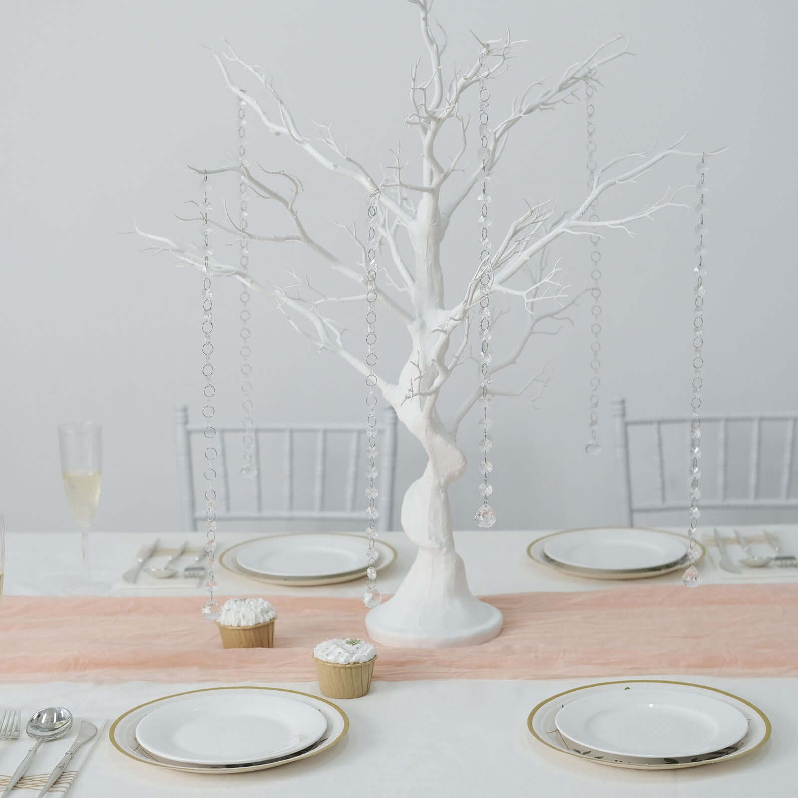 Hot Sale! White Manzanita Artificial Tree Centerpiece with 8 Acrylic Bead Chains for Modern Weddings and Parties