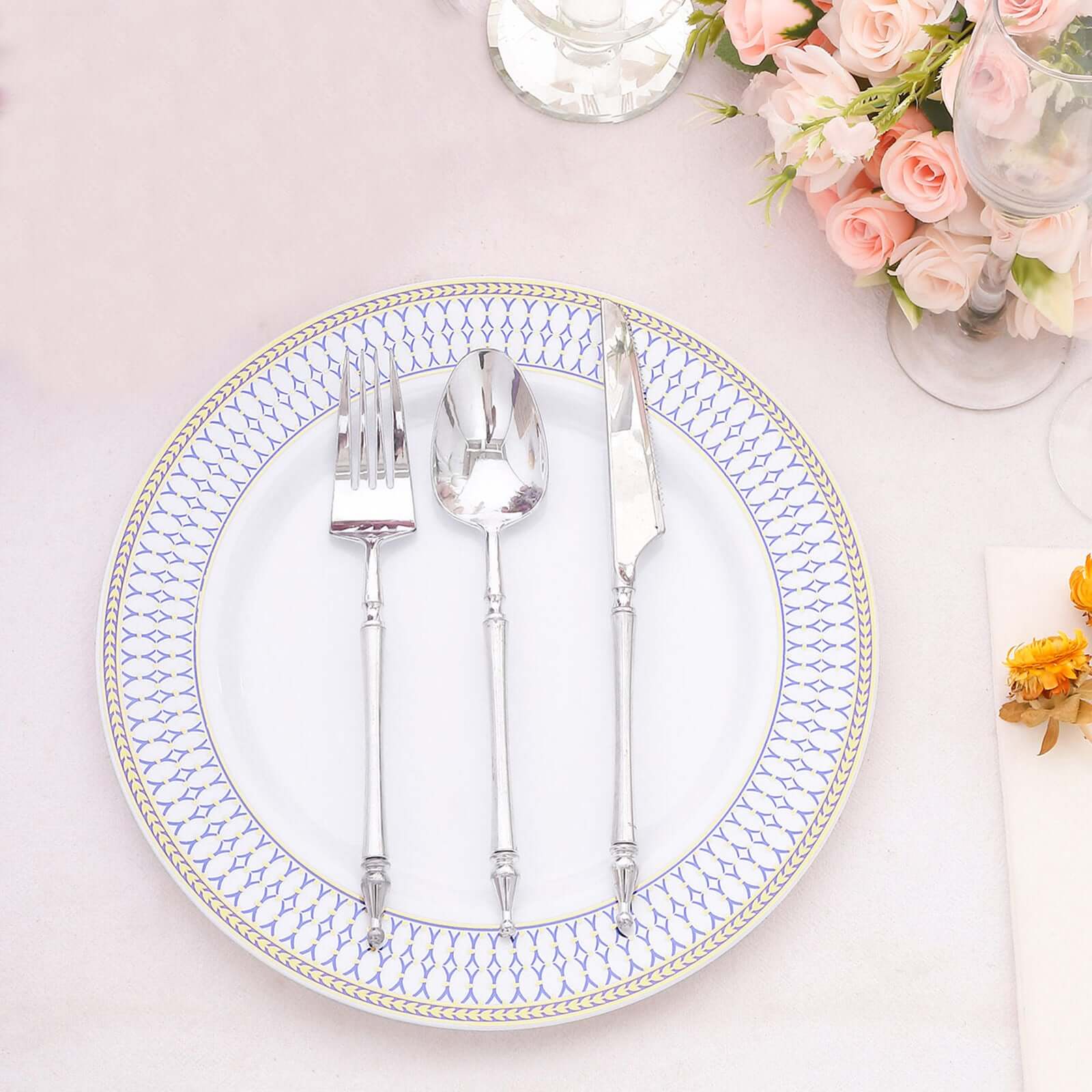 10-Pack White Disposable Dinner Plates with Gold and Navy Blue Chord Rim - Renaissance Style for Events