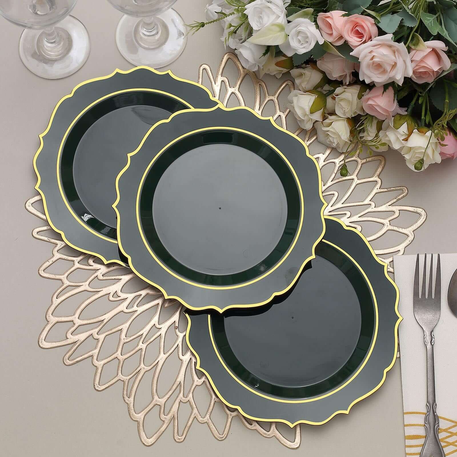 10-Pack Disposable 8-Inch Round Salad Plates in Hunter Green with Gold Scalloped Rim