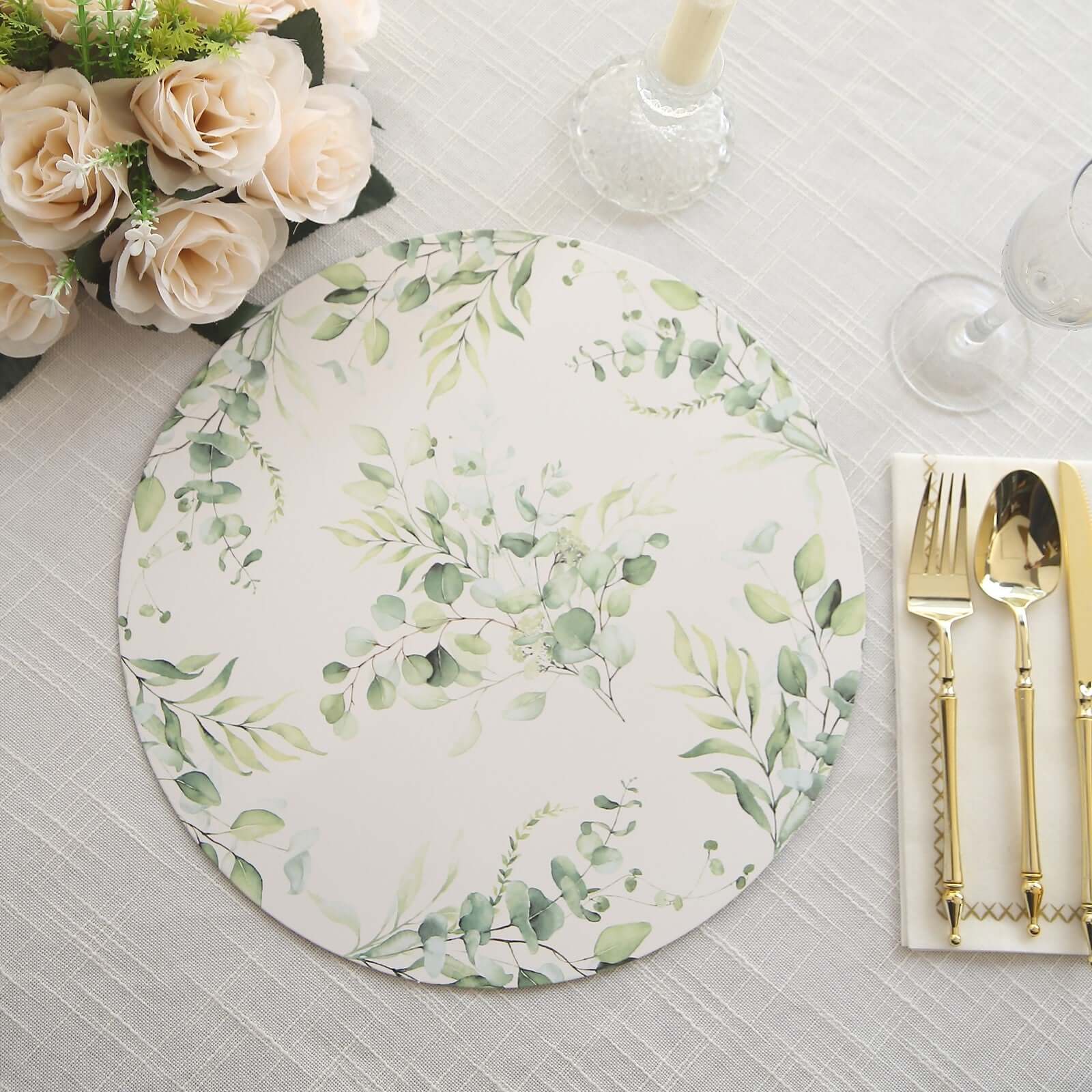 Hot Deal! 6-Pack 13-Inch Disposable Charger Plates with Eucalyptus Leaves Print, 700GSM Floral Paper Chargers