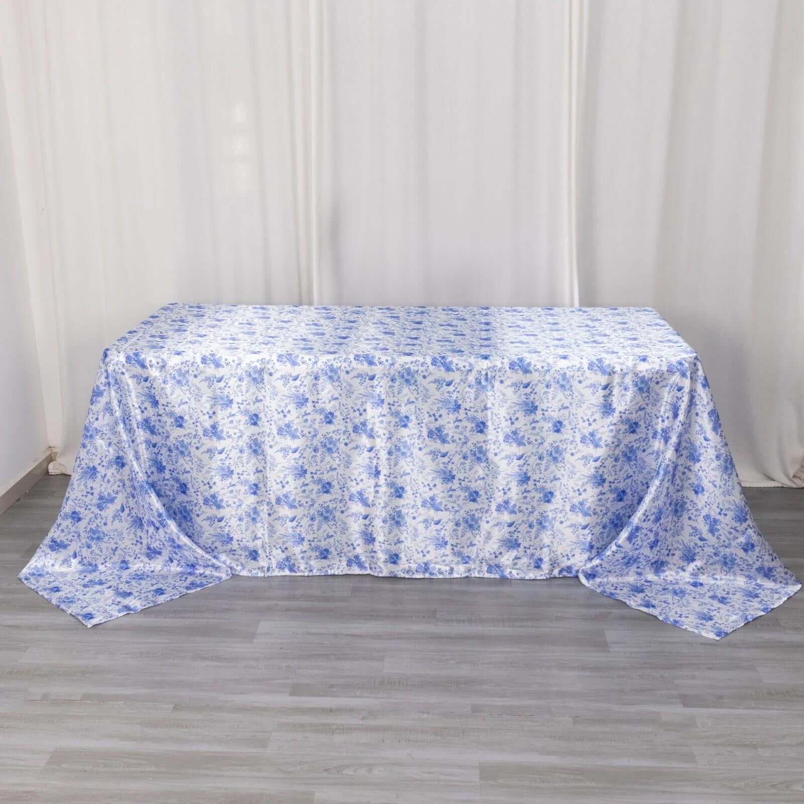 Exclusive Satin 90x132 Rectangular Tablecloth - White/Blue French Toile Design, Wrinkle-Resistant