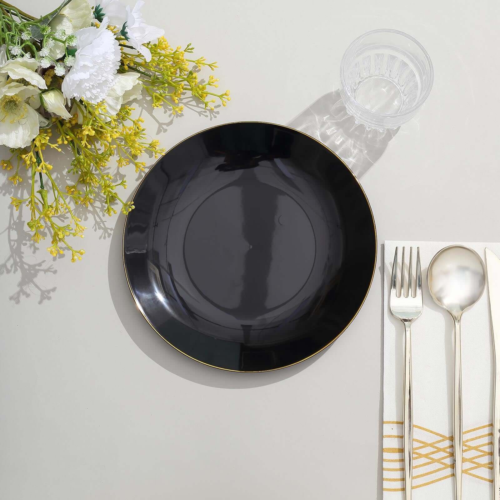 Hot Deal! 10-Pack of 8-Inch Round Black Plastic Dessert Plates with Gold Rim, Disposable and Sturdy