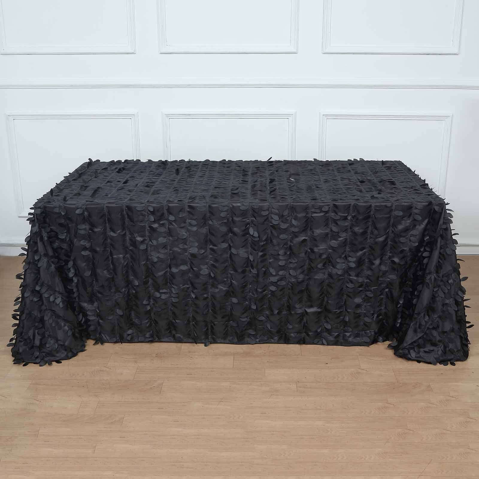 Black Taffeta Rectangle Tablecloth with 3D Leaf Petal Design | Great for Events