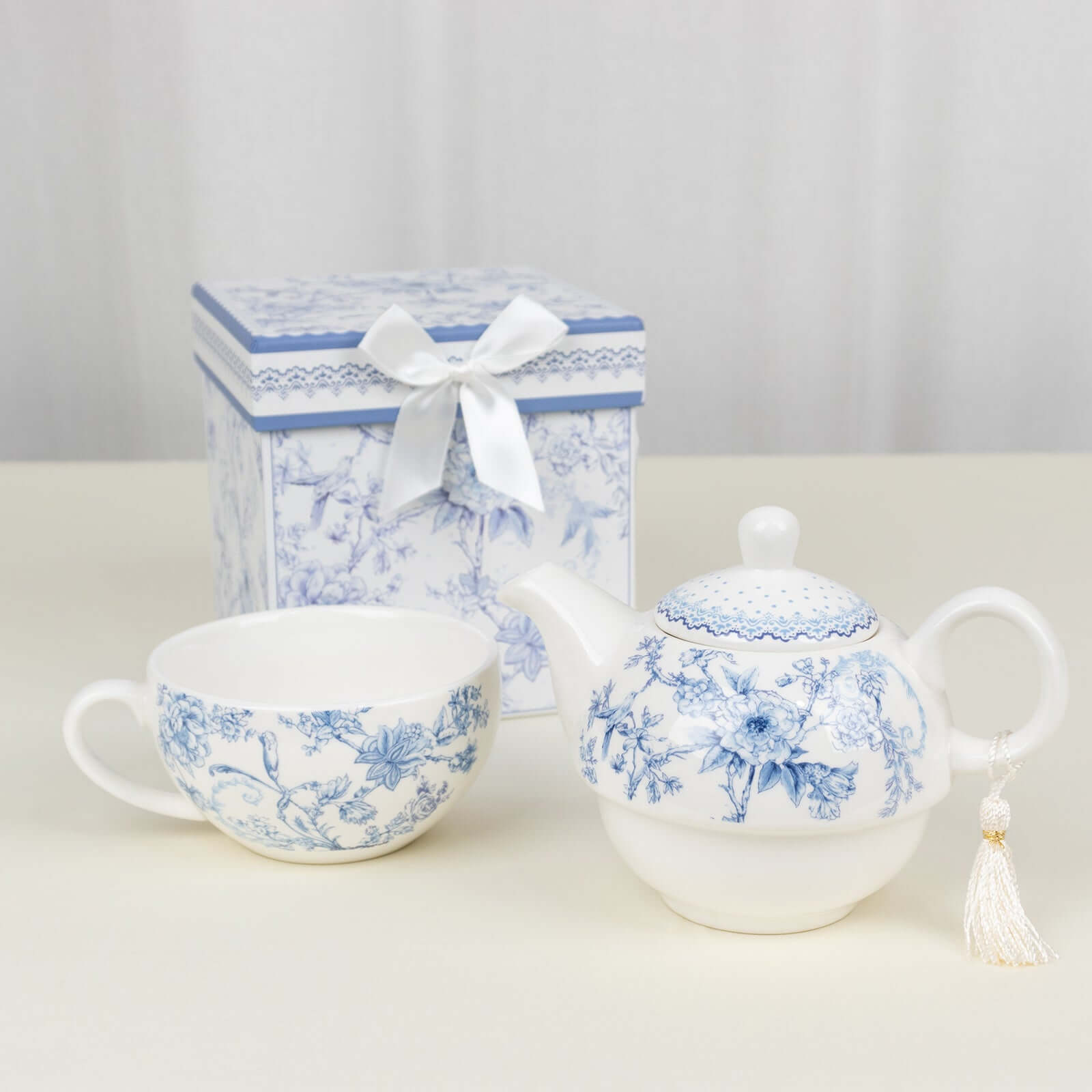 Premium French Toile Porcelain Teapot and Cup Set - Ideal Bridal Shower Gift with Keepsake Box