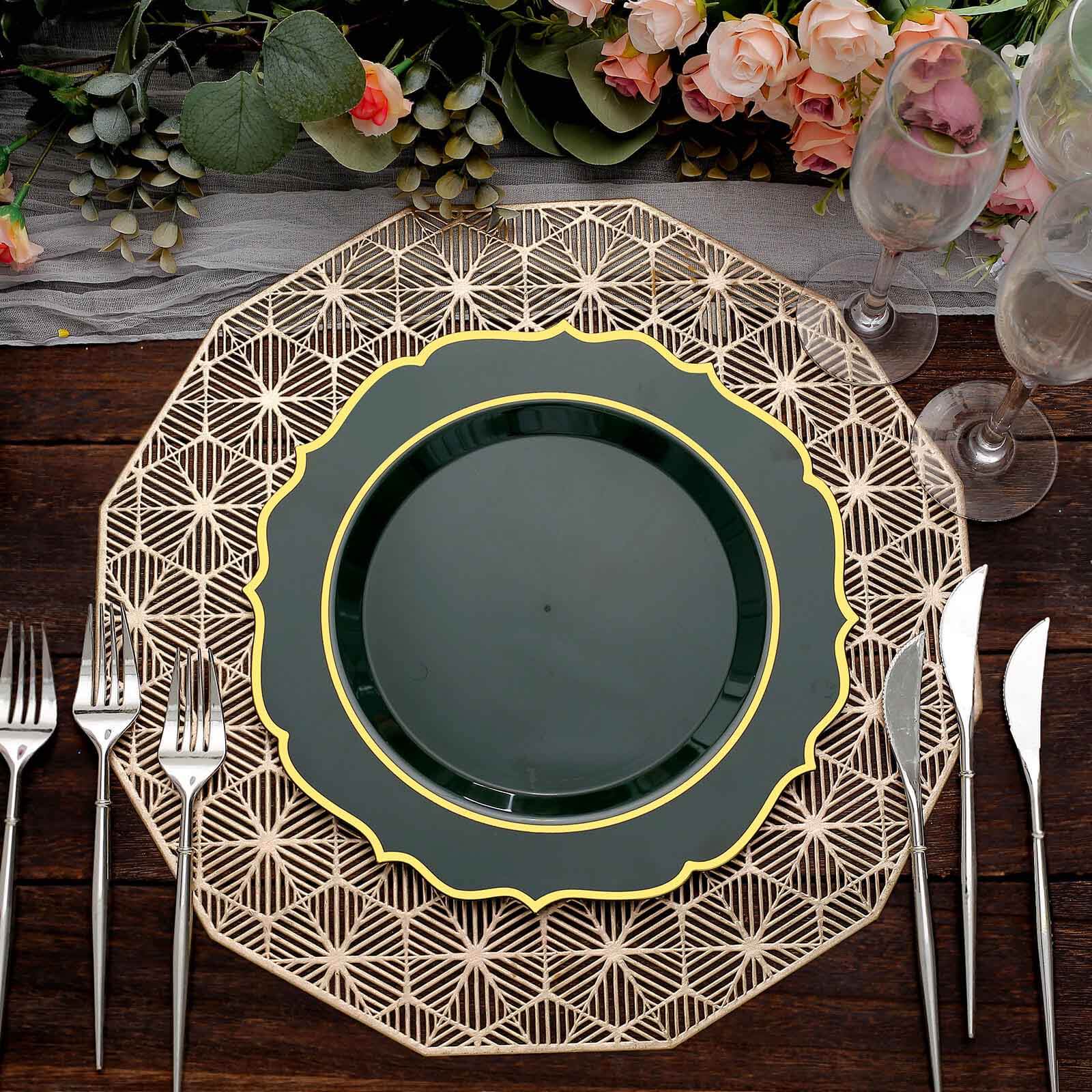Get This 10-Pack of Disposable Hunter Emerald Green Plastic Round Dinner Plates with Gold Scalloped Rims