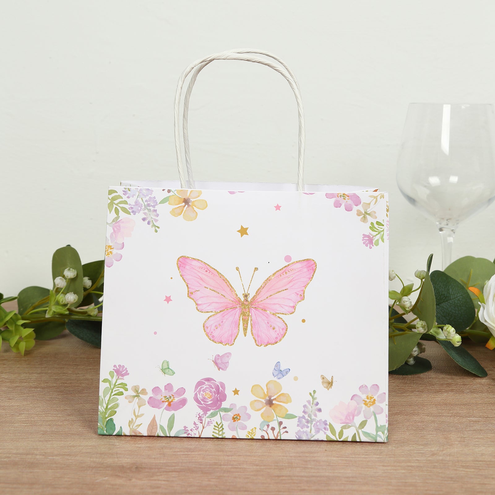 12-Pack Pink Glitter Butterfly Floral Print White Gift Bags with Handles - Ideal for Various Occasions