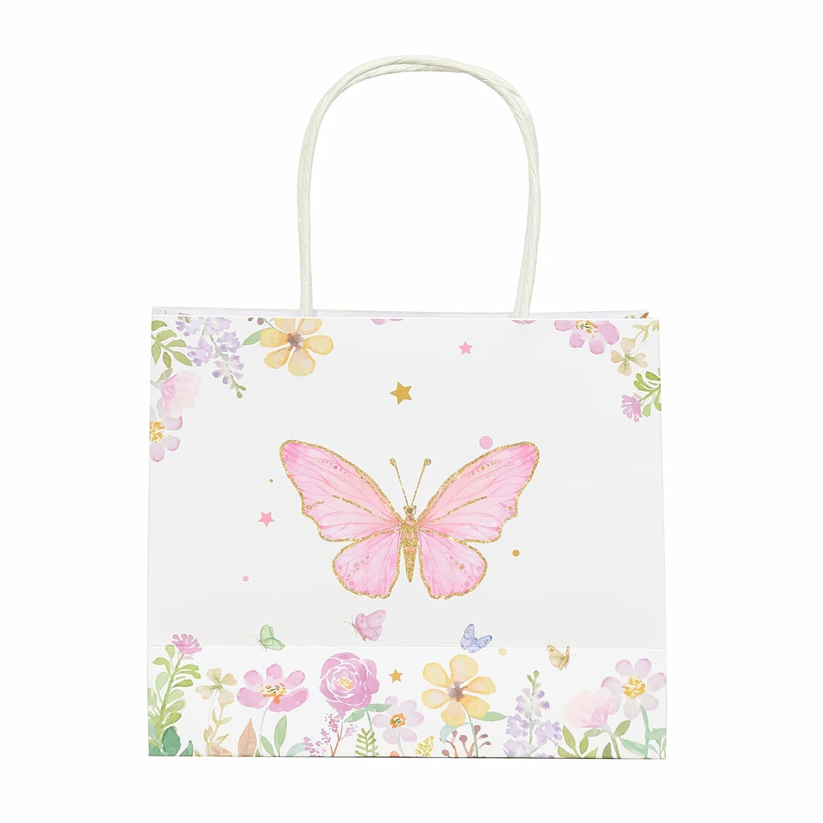 12-Pack Pink Glitter Butterfly Floral Print White Gift Bags with Handles - Ideal for Various Occasions
