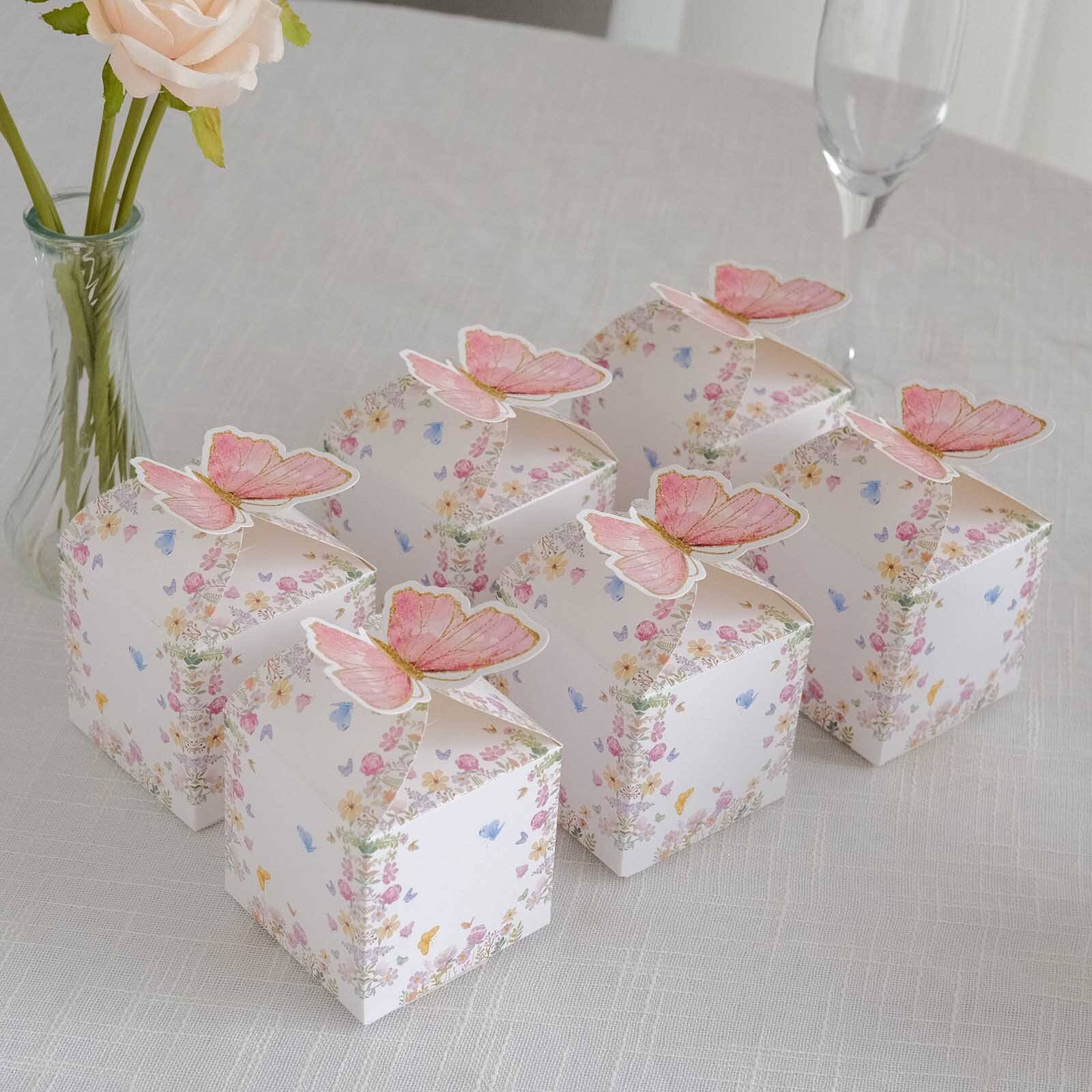 Hot Deal! 25-Pack White and Pink Glitter Butterfly Top Floral Party Favor Candy Gift Boxes